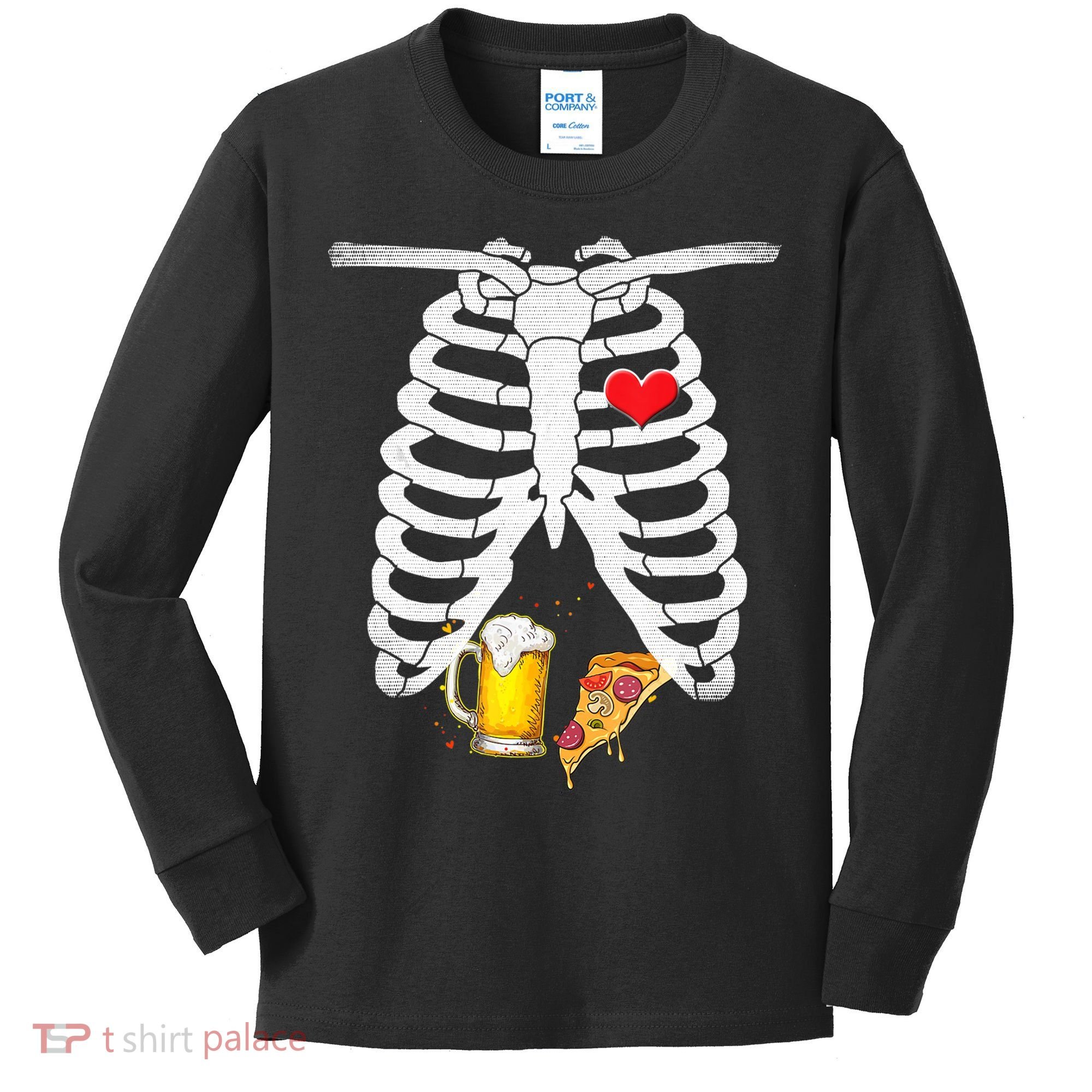 Funny Skeleton Pregnancy Pizza Beer Xray Halloween Soon Dad Gift Kids Long Sleeve Shirt
