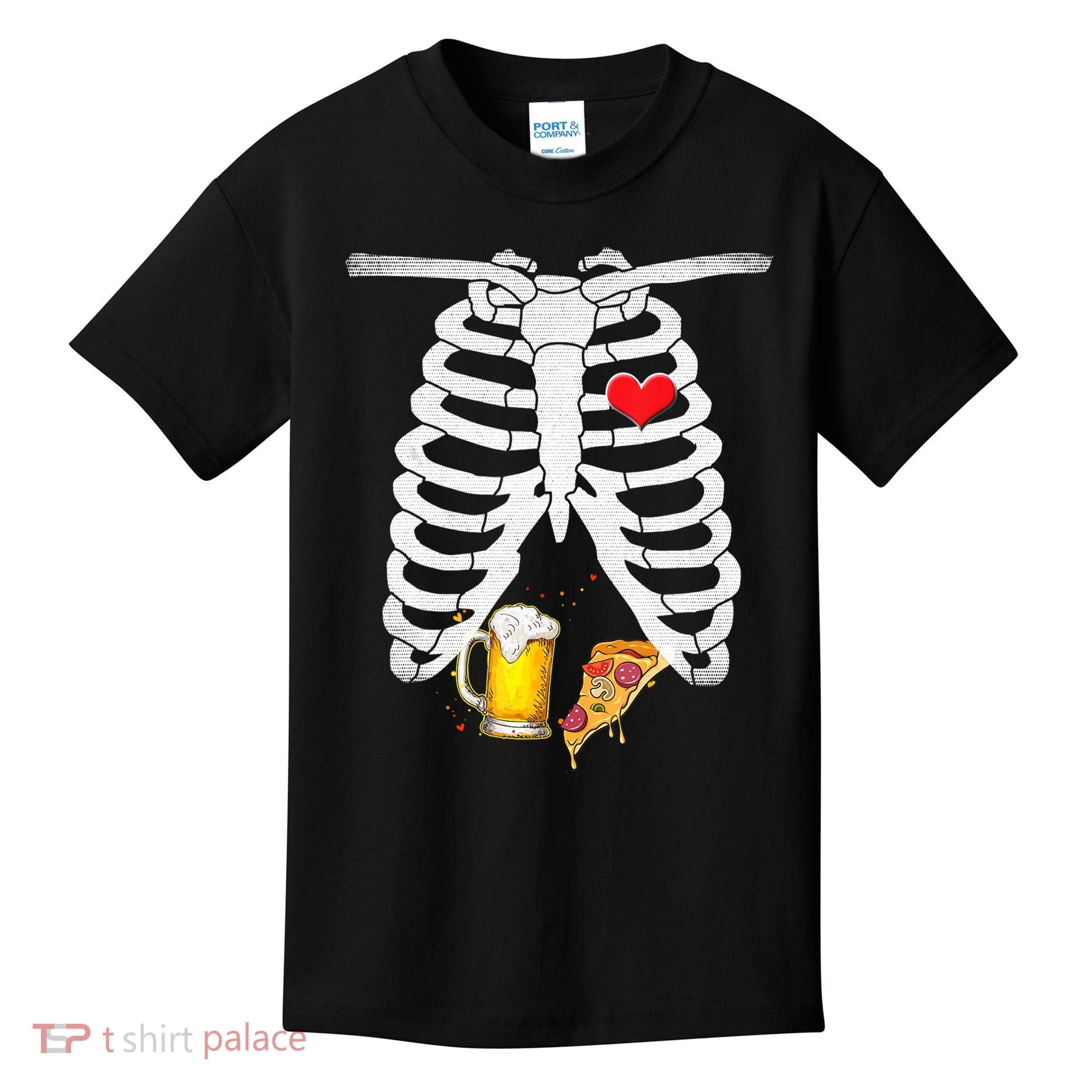 Funny Skeleton Pregnancy Pizza Beer Xray Halloween Soon Dad Gift Kids T-Shirt