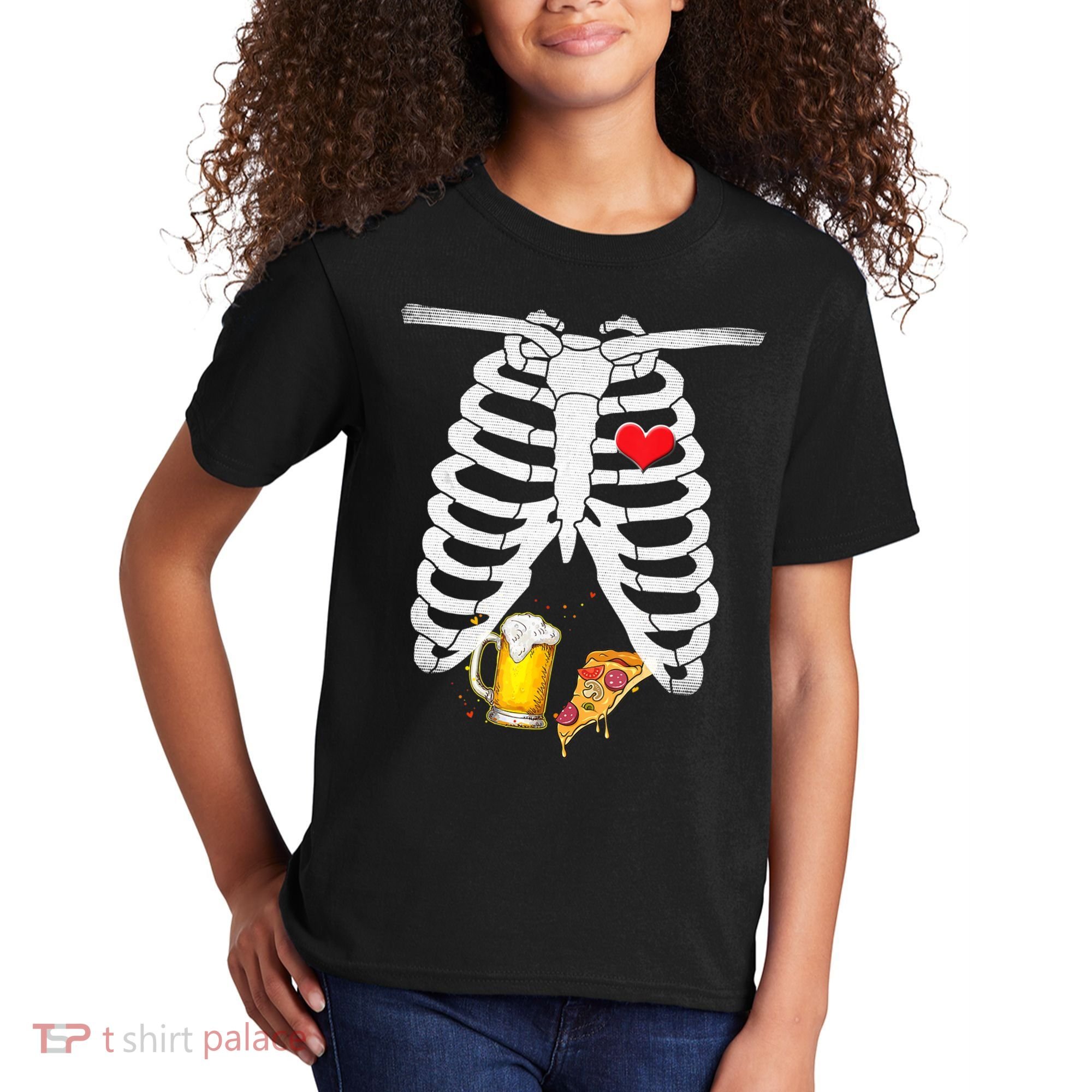 Funny Skeleton Pregnancy Pizza Beer Xray Halloween Soon Dad Gift Kids T-Shirt