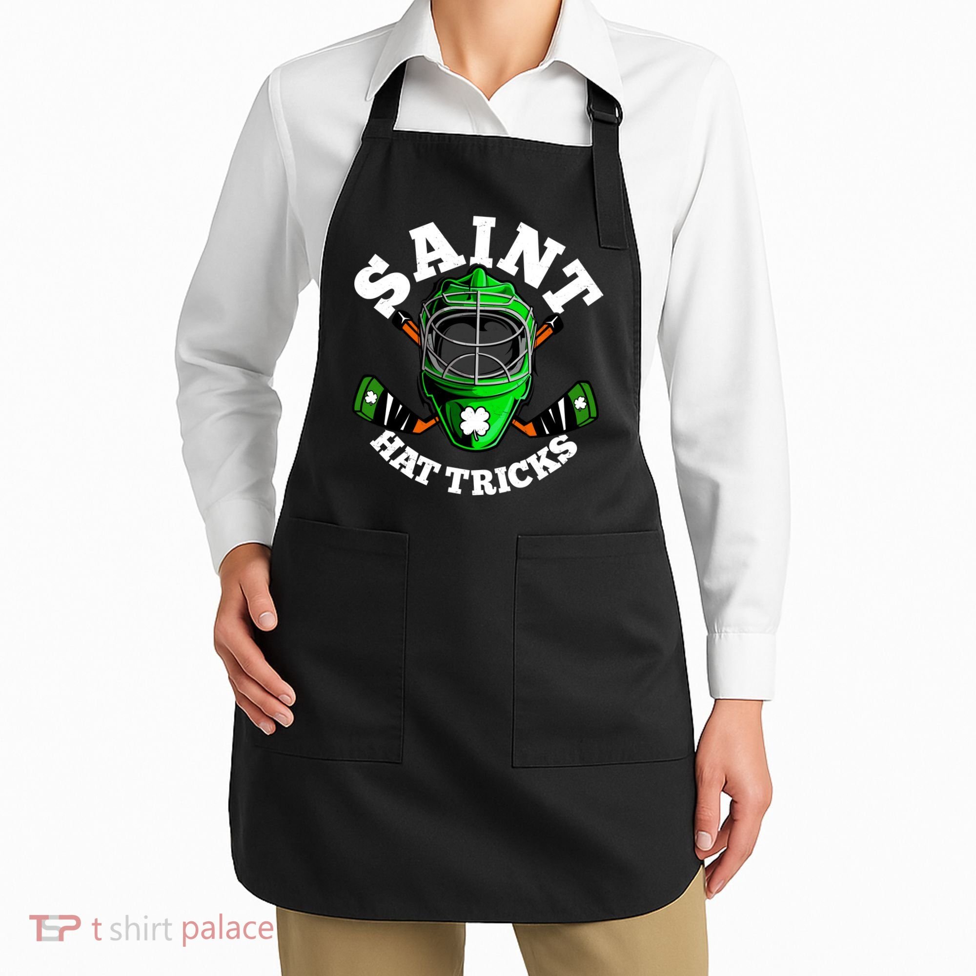 Funny St Patrick's Day Saint Hat Tricks Hockey Player Fan Apron