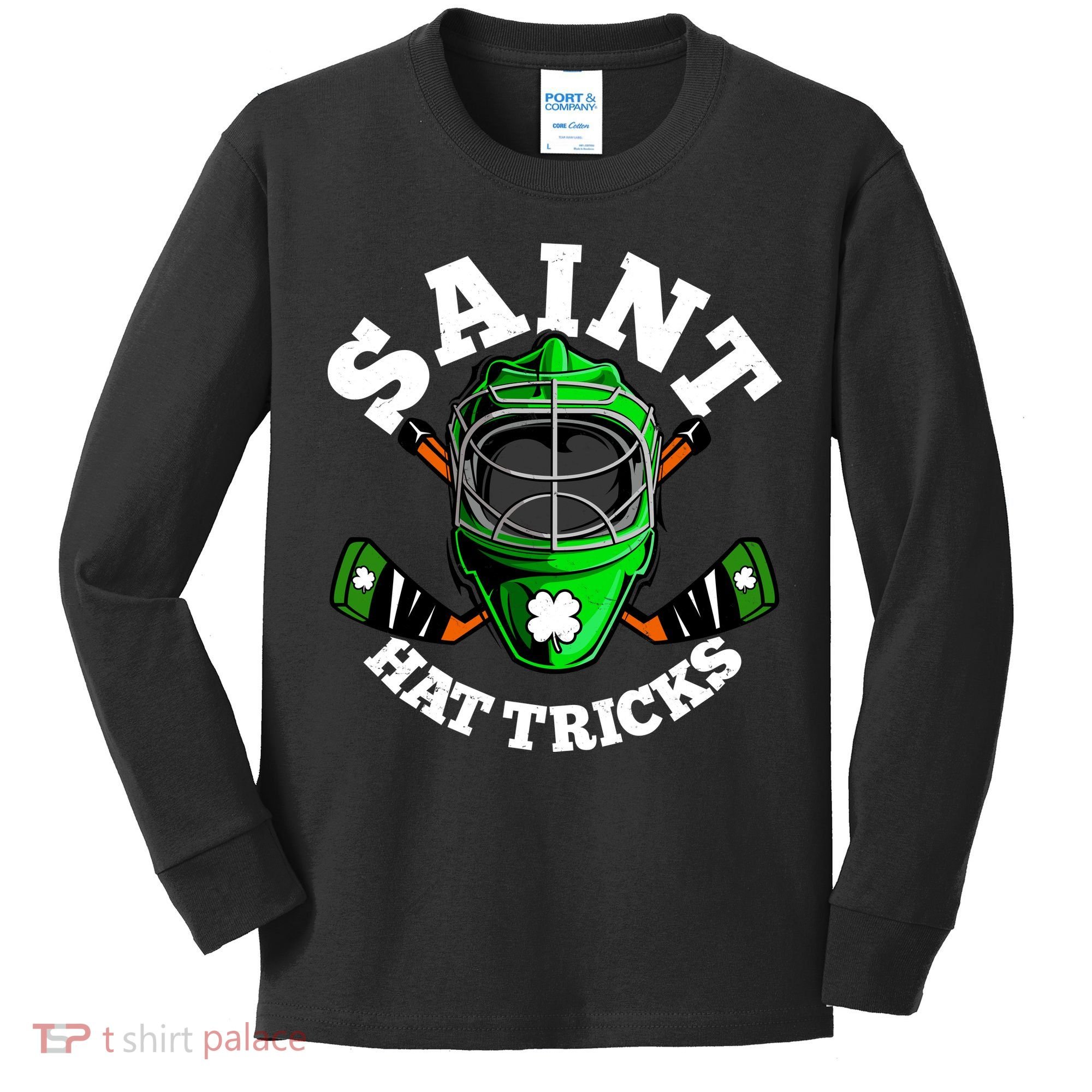 Funny St Patrick's Day Saint Hat Tricks Hockey Player Fan Kids Long Sleeve Shirt