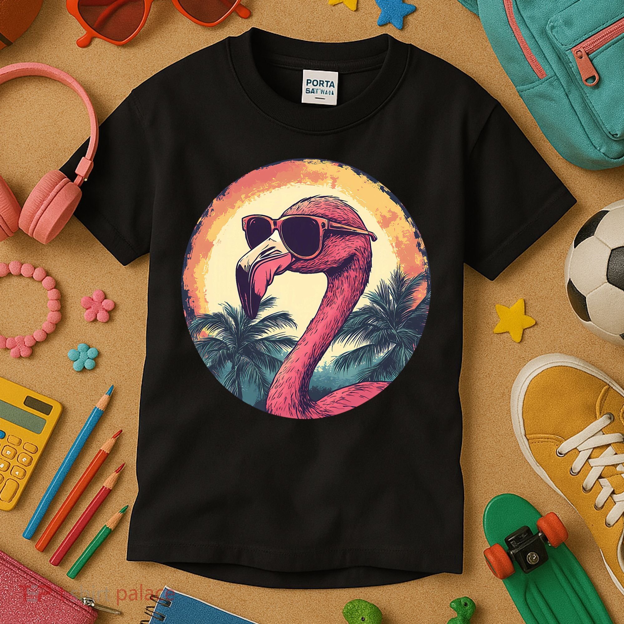 Flamingo Sunglasses Palm Tree Beach Kids T-Shirt