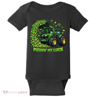 Funny St Patrick's Day Pushing My Luck Tractor Baby Bodysuit
