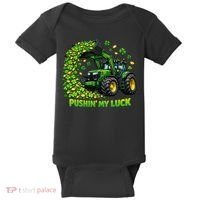 Funny St Patrick's Day Pushing My Luck Tractor Baby Bodysuit thumb 0