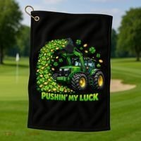 Funny St Patrick's Day Pushing My Luck Tractor Golf Towel thumb 1