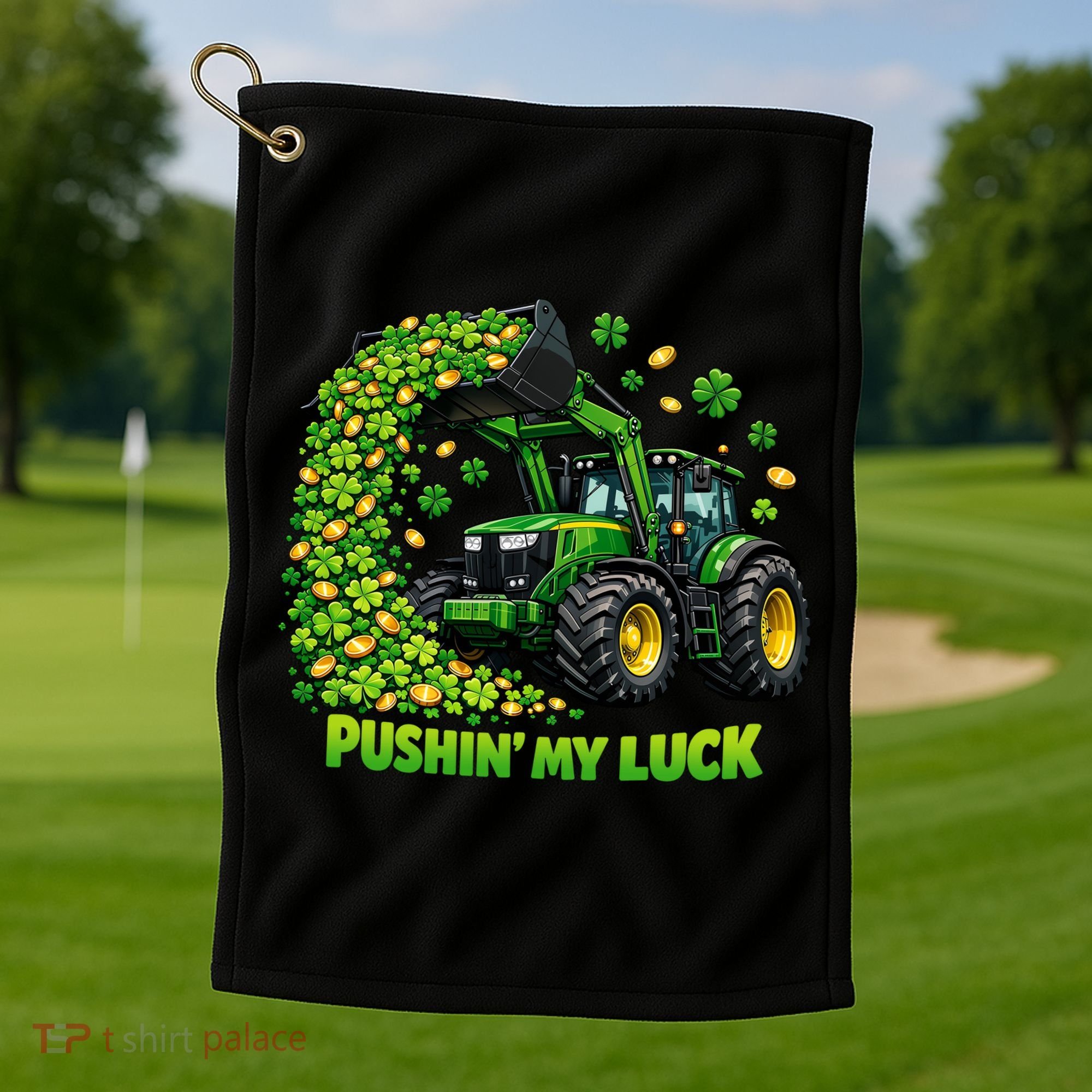 Funny St Patrick's Day Pushing My Luck Tractor Golf Towel