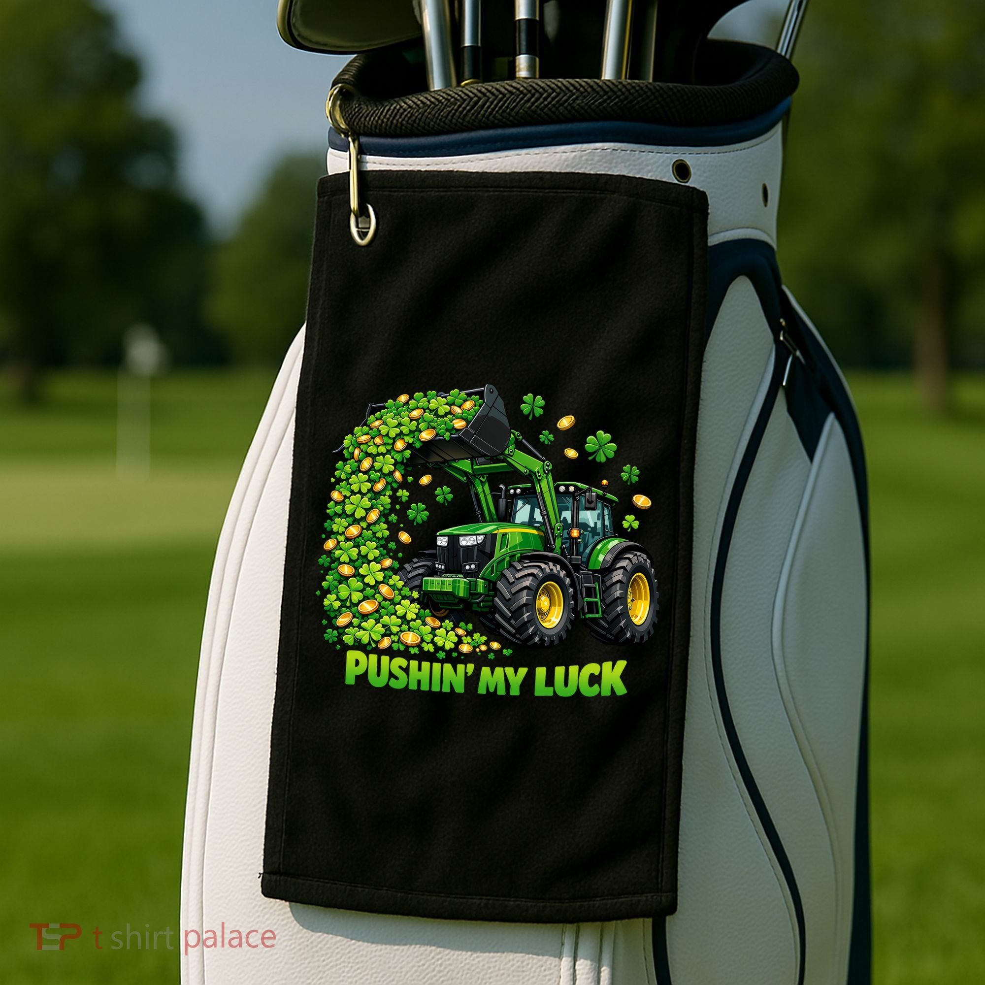 Funny St Patrick's Day Pushing My Luck Tractor Golf Towel