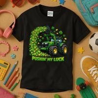 Funny St Patrick's Day Pushing My Luck Tractor Kids T-Shirt thumb 3
