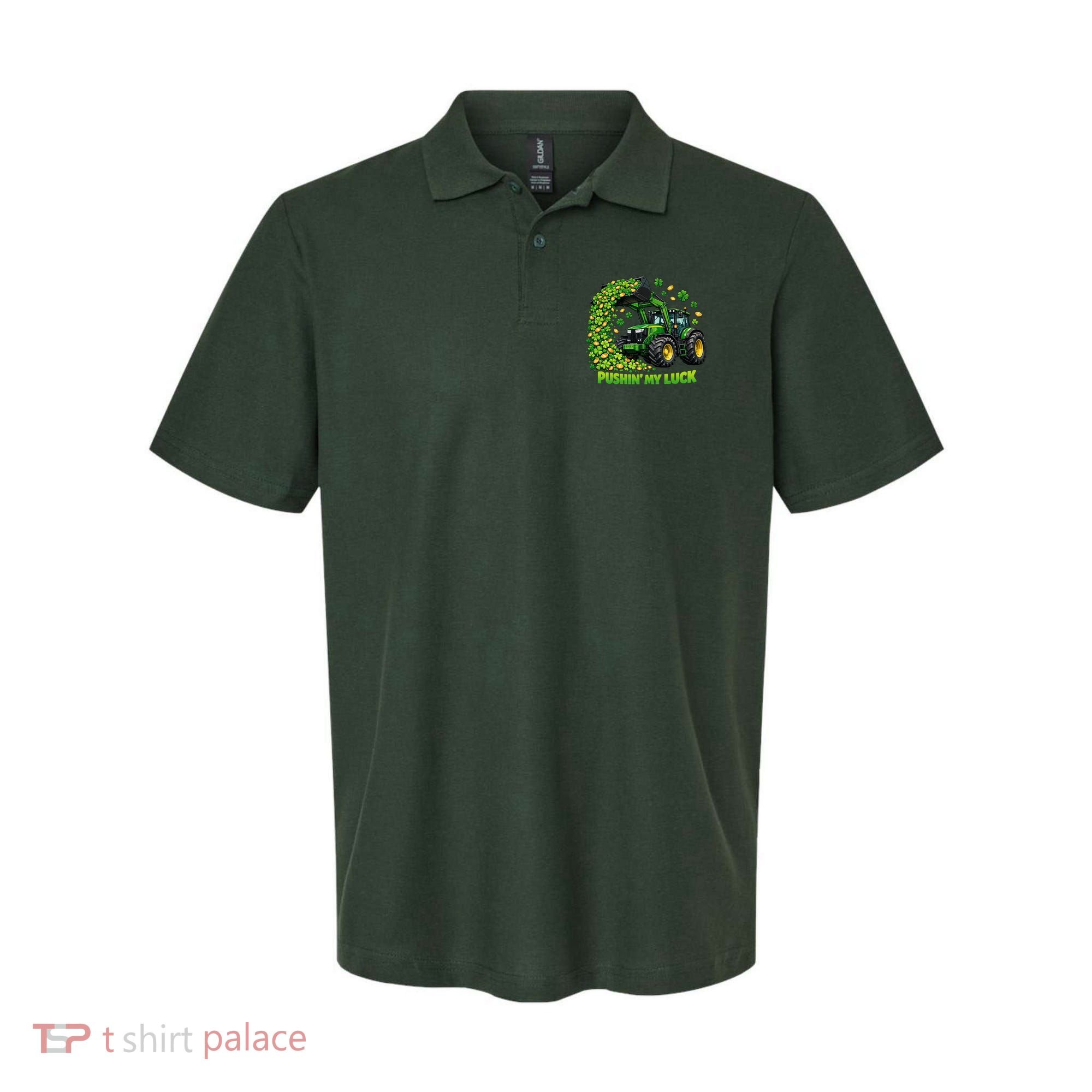 Funny St Patrick's Day Pushing My Luck Tractor Polo