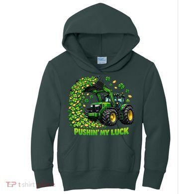 Funny St Patrick's Day Pushing My Luck Tractor Kids Hoodie