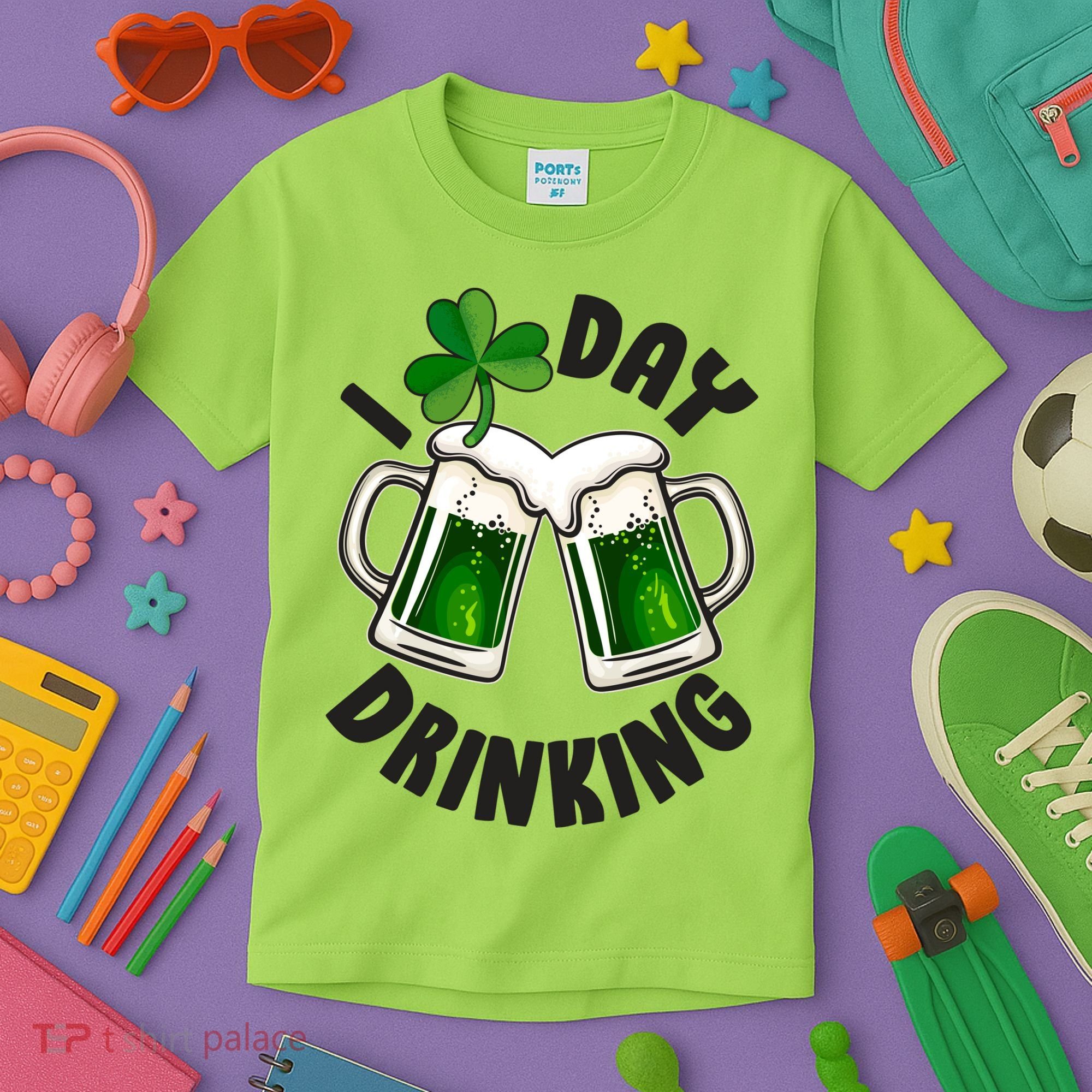 Funny St Patricks Day I Love Day Drinking Green Beer Kids T-Shirt
