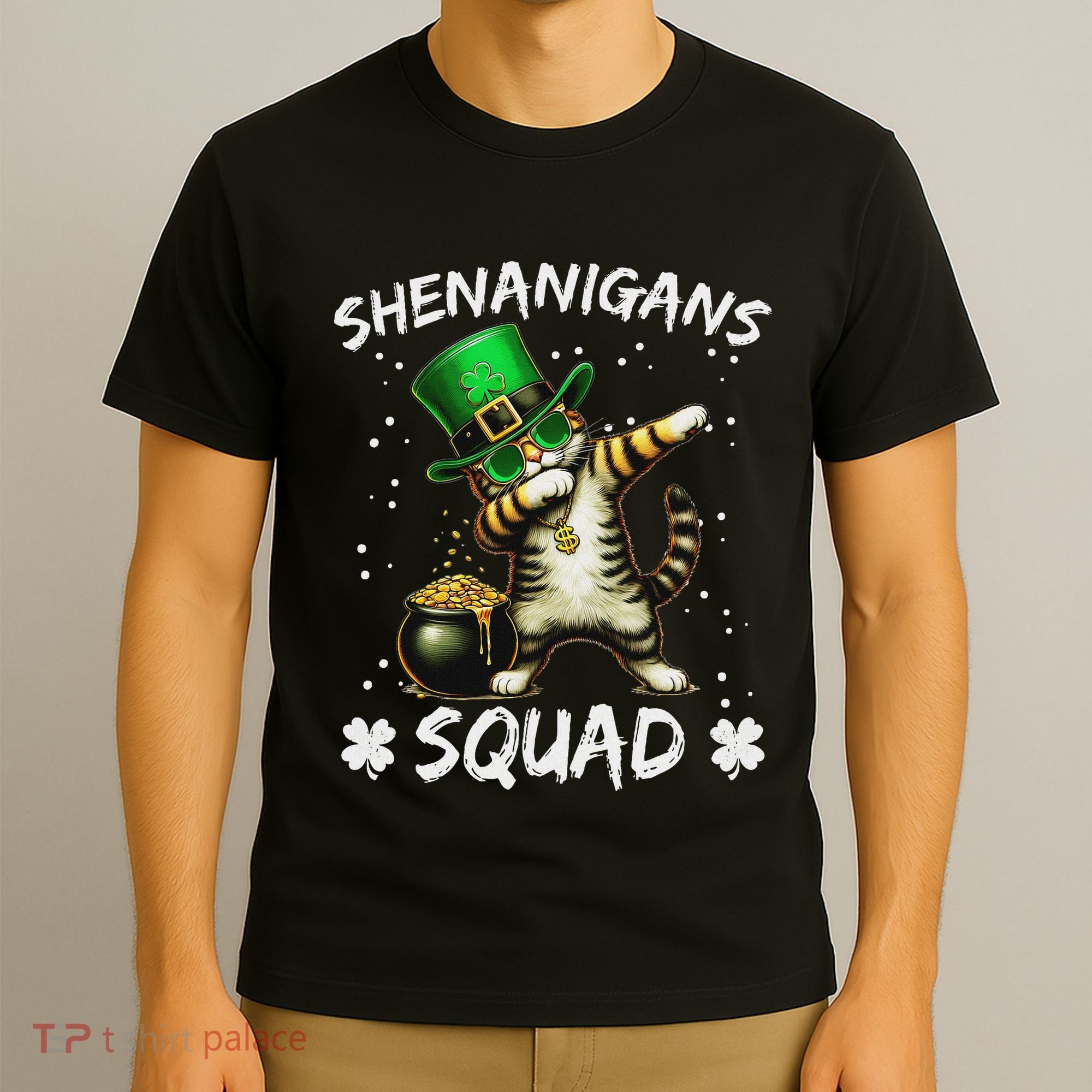 Funny St Patricks Day Dabbing Cat St Paddy Shenanigans Squad T-Shirt