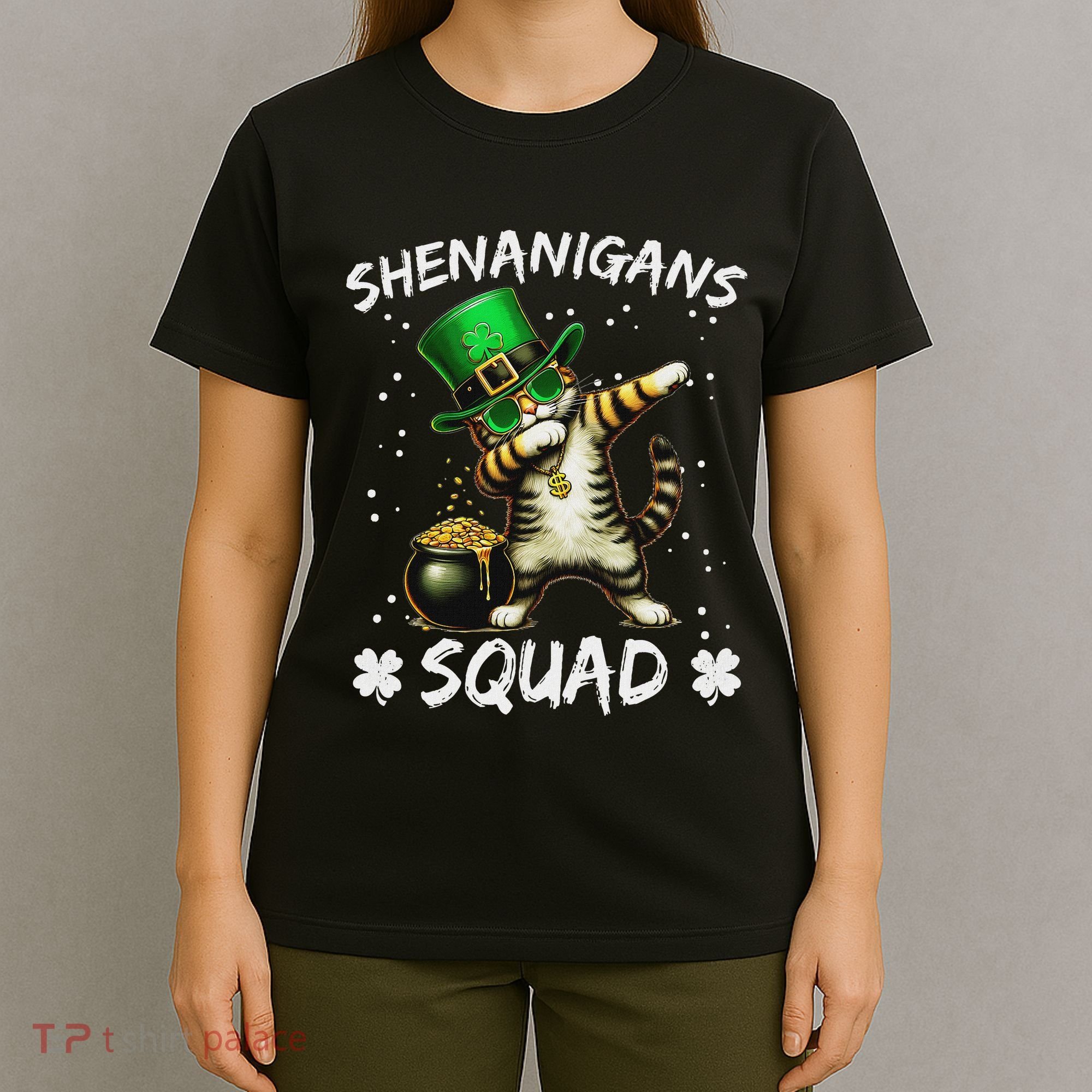 Funny St Patricks Day Dabbing Cat St Paddy Shenanigans Squad T-Shirt