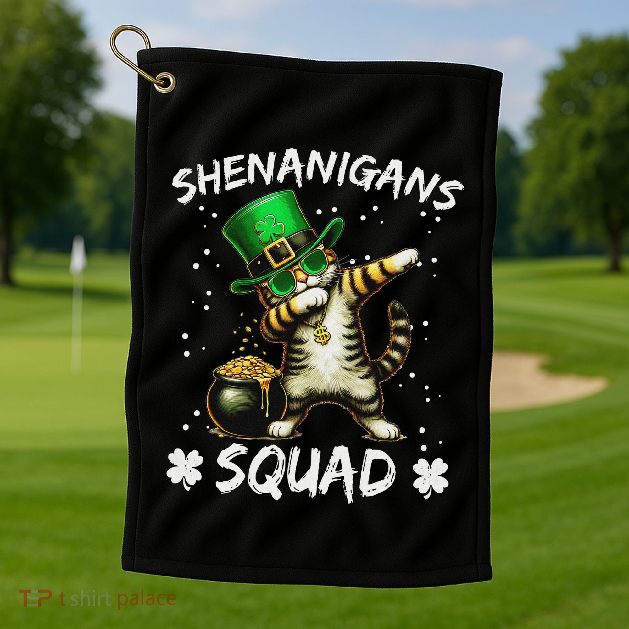 Funny St Patricks Day Dabbing Cat St Paddy Shenanigans Squad Golf Towel