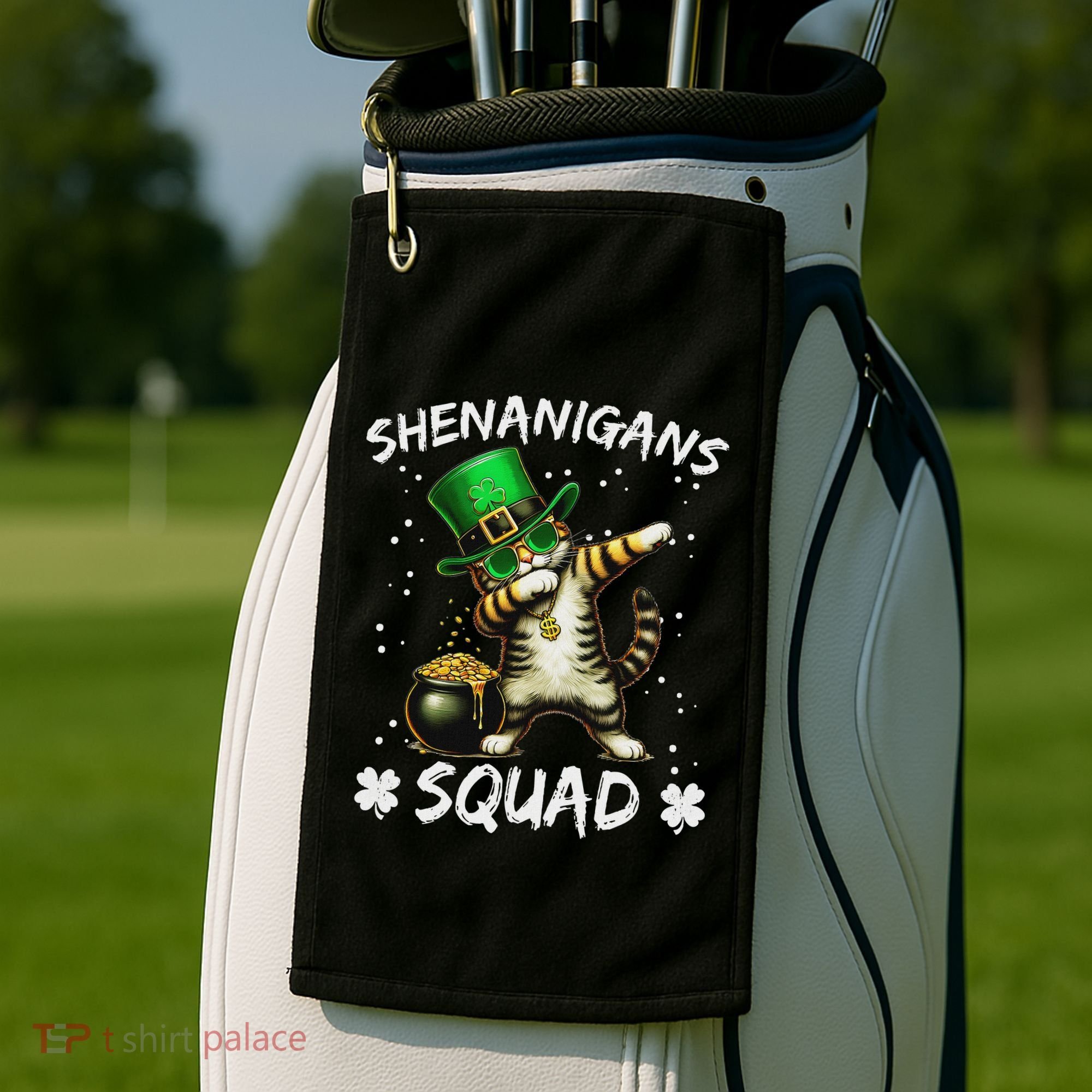 Funny St Patricks Day Dabbing Cat St Paddy Shenanigans Squad Golf Towel
