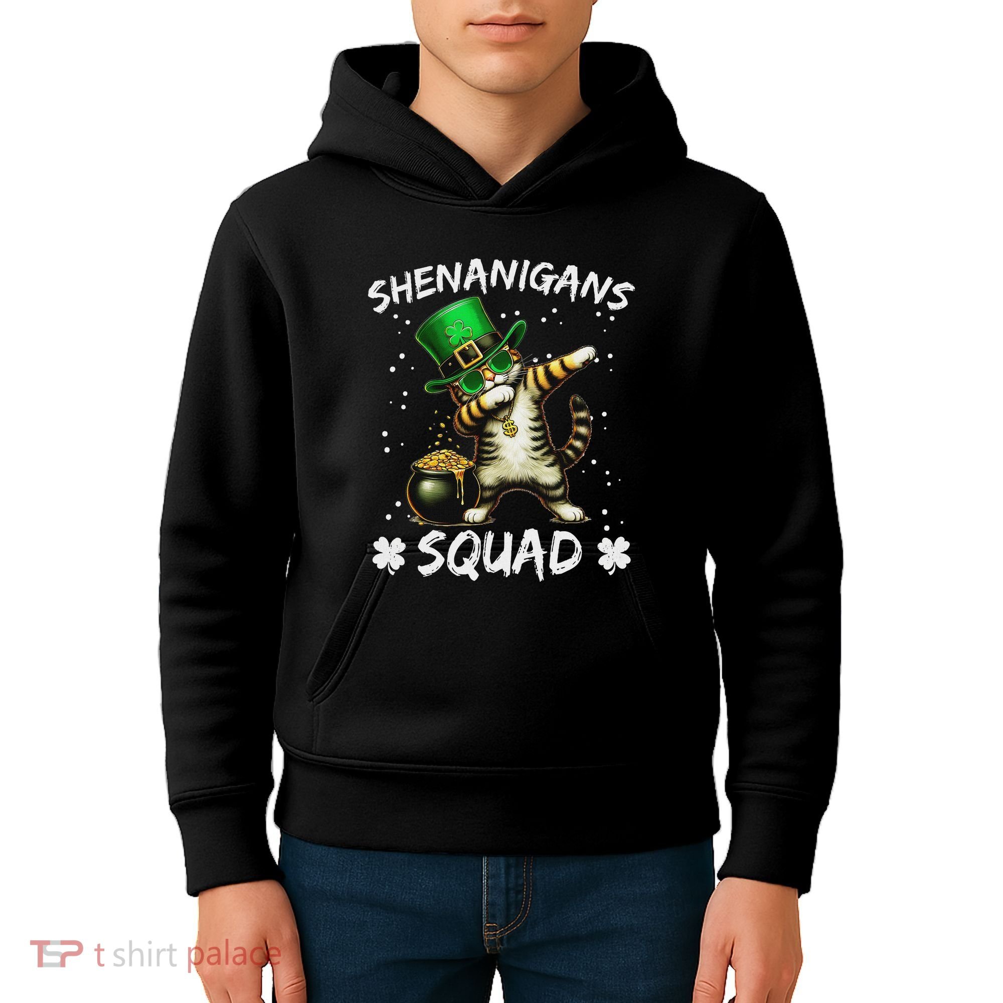 Funny St Patricks Day Dabbing Cat St Paddy Shenanigans Squad Kids Hoodie