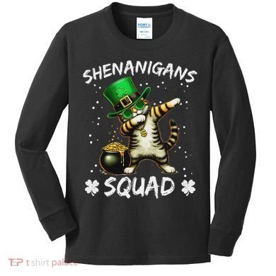 Funny St Patricks Day Dabbing Cat St Paddy Shenanigans Squad Kids Long Sleeve Shirt
