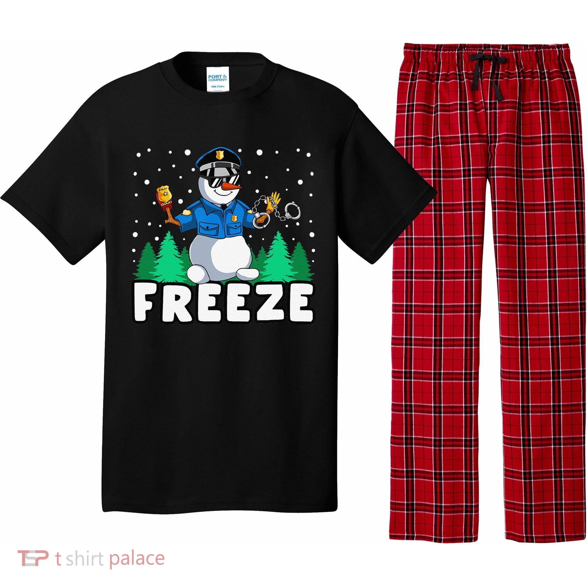 Freeze Snowman Police Christmas Pajama Funnt Cop Policeman Pajama Set