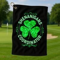 Funny St Patrick's Day Shenanigans Coordinator Lucky Shamrock Clover Golf Towel thumb 1