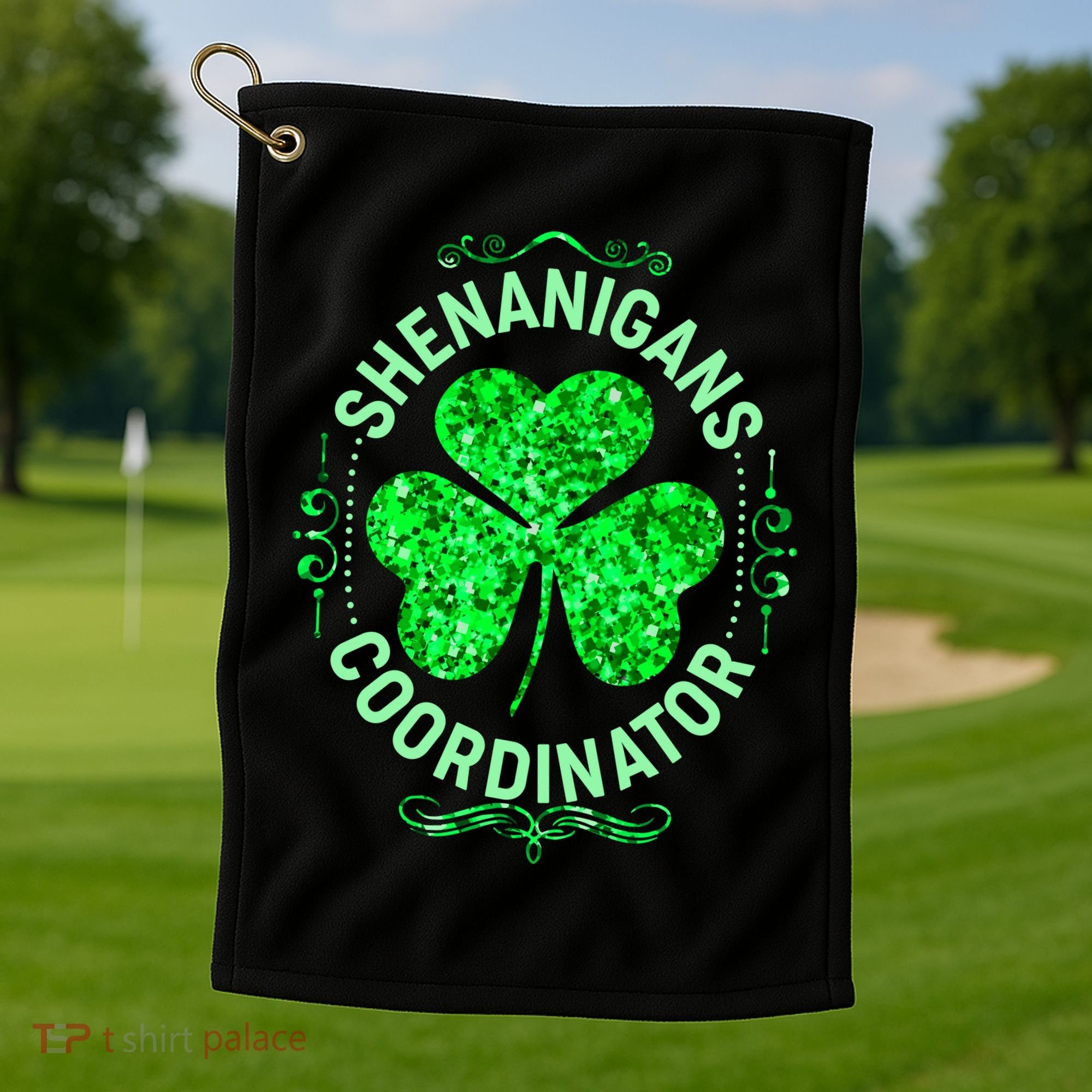 Funny St Patrick's Day Shenanigans Coordinator Lucky Shamrock Clover Golf Towel
