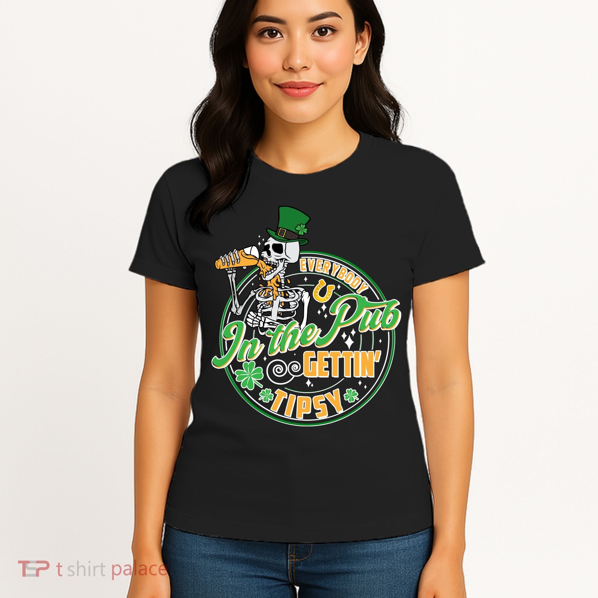 Funny St Patricks Day Everybody In The Pub Gettin Tipsy Skeleton Beer Women's T-Shirt