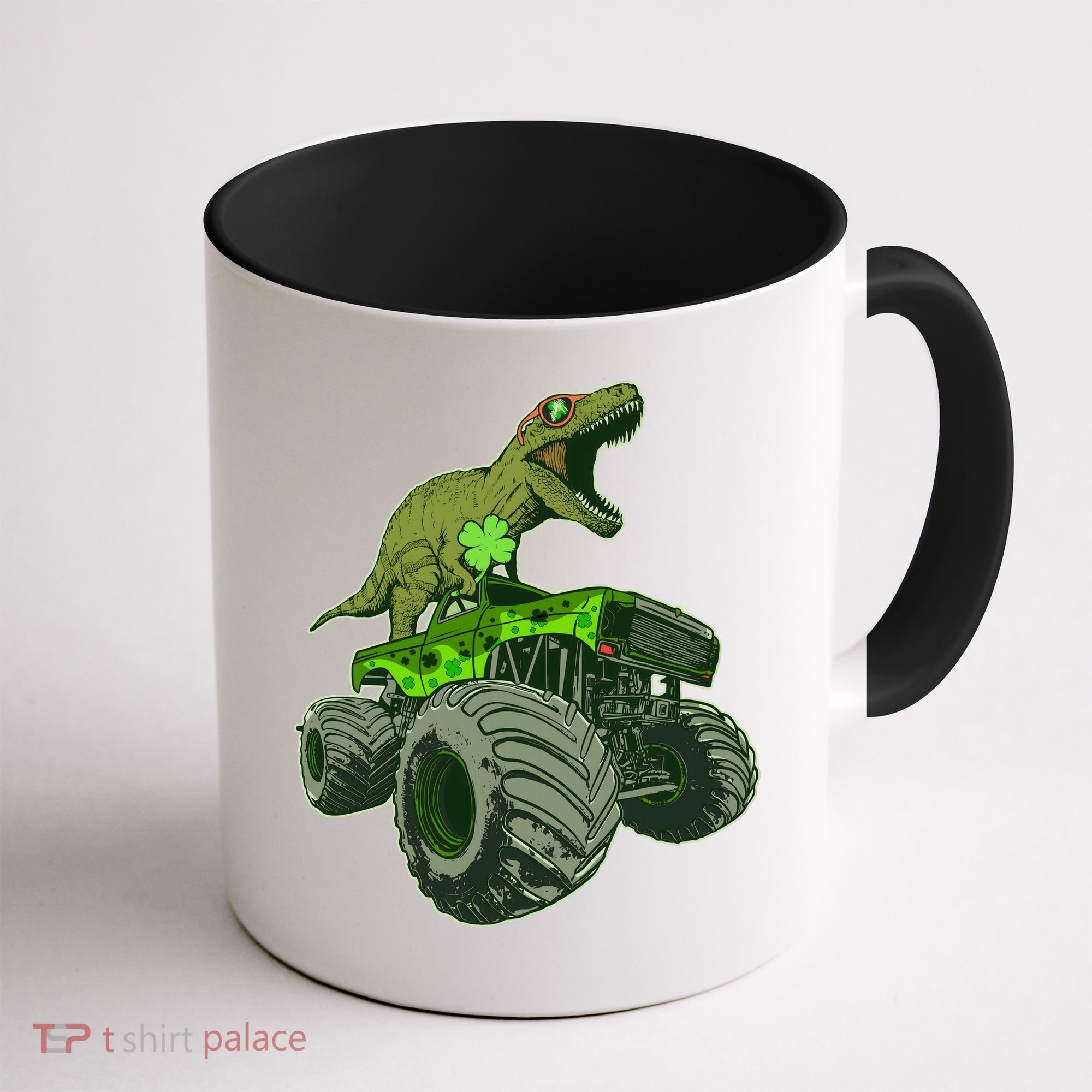Funny St Patrick's Day Lucky Trex Dinosaur Riding Monster Truck Coffee Mug