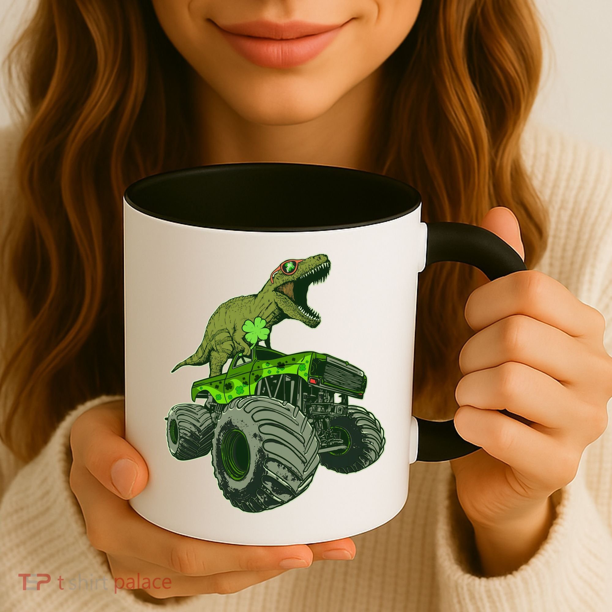 Funny St Patrick's Day Lucky Trex Dinosaur Riding Monster Truck Coffee Mug