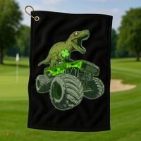 Funny St Patrick's Day Lucky Trex Dinosaur Riding Monster Truck Golf Towel thumb 1