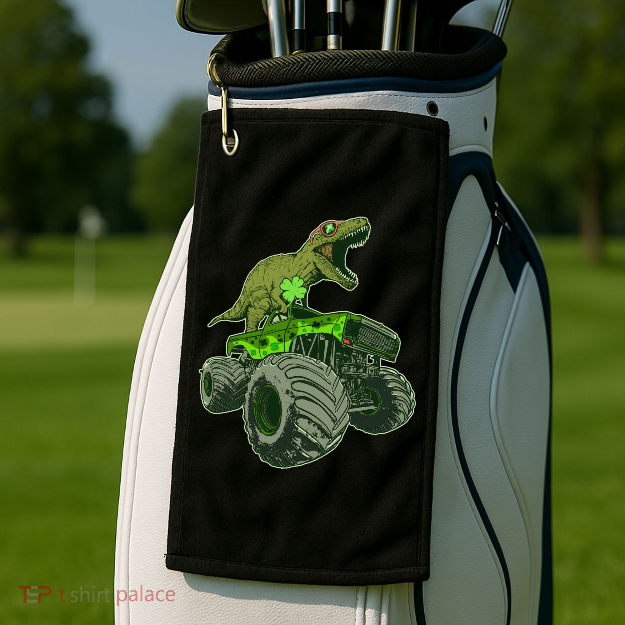 Funny St Patrick's Day Lucky Trex Dinosaur Riding Monster Truck Golf Towel