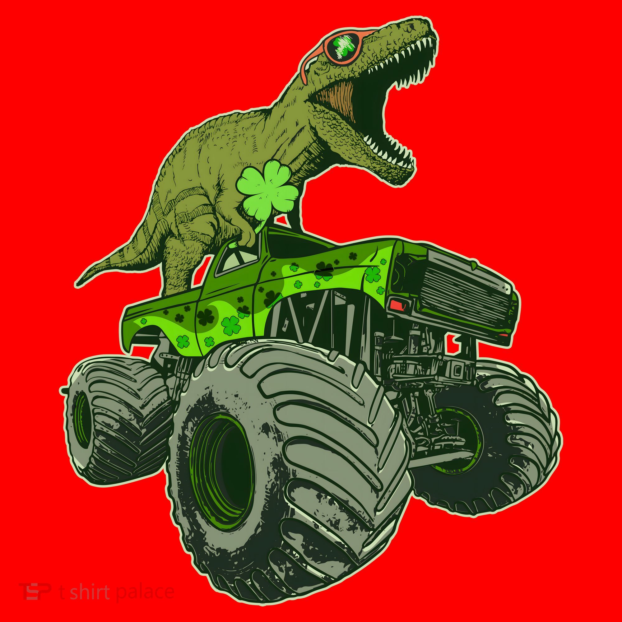 Funny St Patrick's Day Lucky Trex Dinosaur Riding Monster Truck Santa Hat