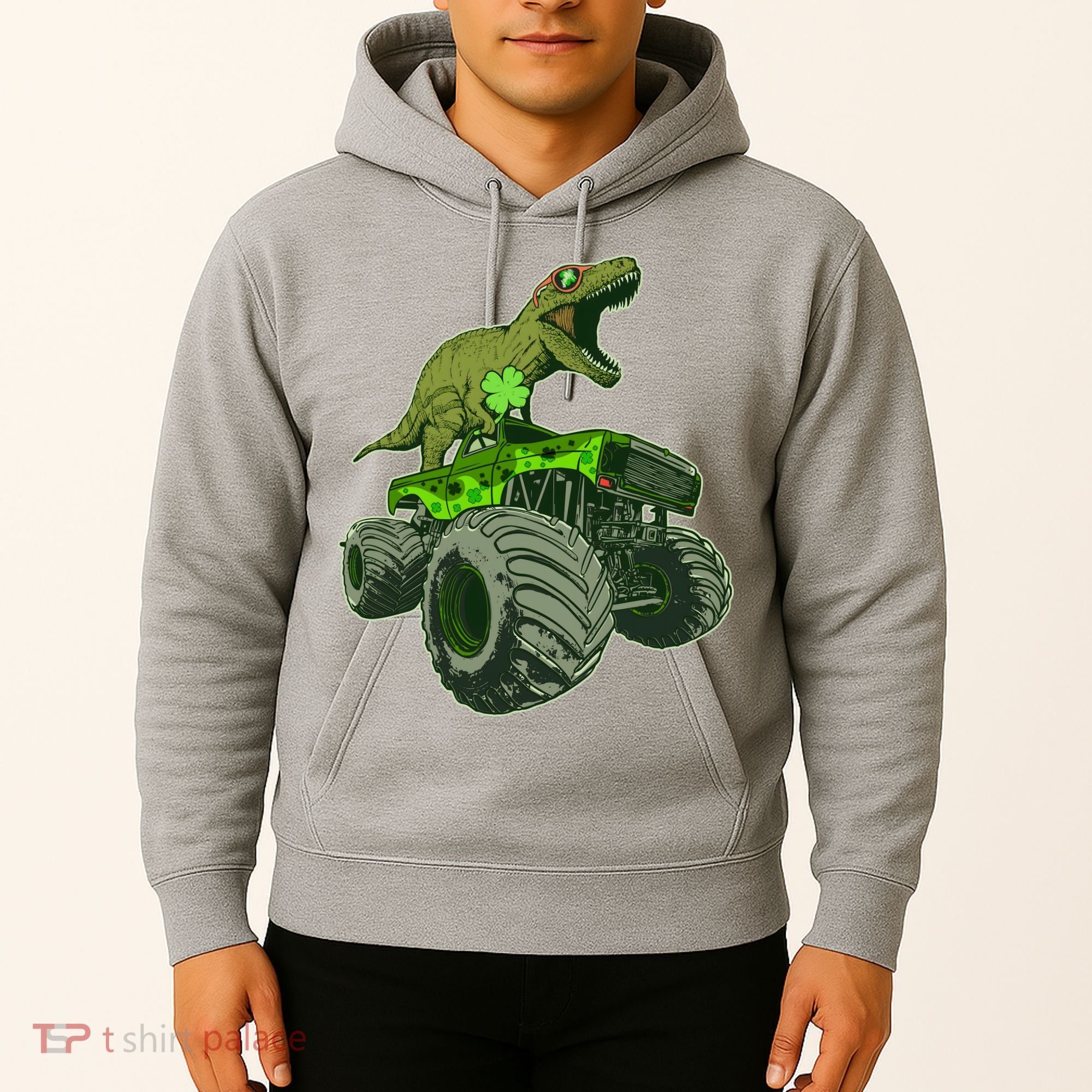 Funny St Patrick's Day Lucky Trex Dinosaur Riding Monster Truck Hoodie