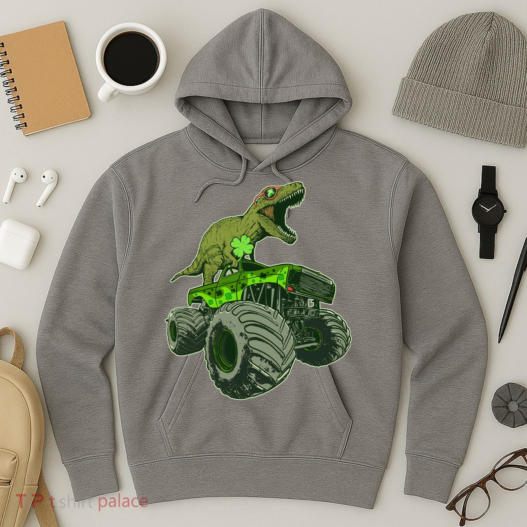 Funny St Patrick's Day Lucky Trex Dinosaur Riding Monster Truck Hoodie
