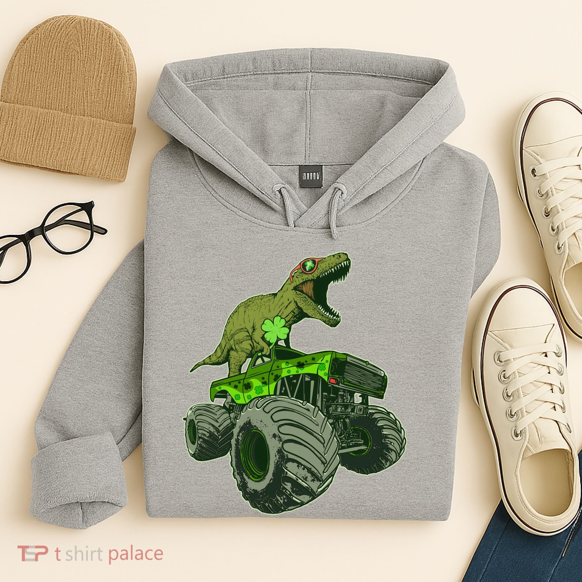 Funny St Patrick's Day Lucky Trex Dinosaur Riding Monster Truck Hoodie