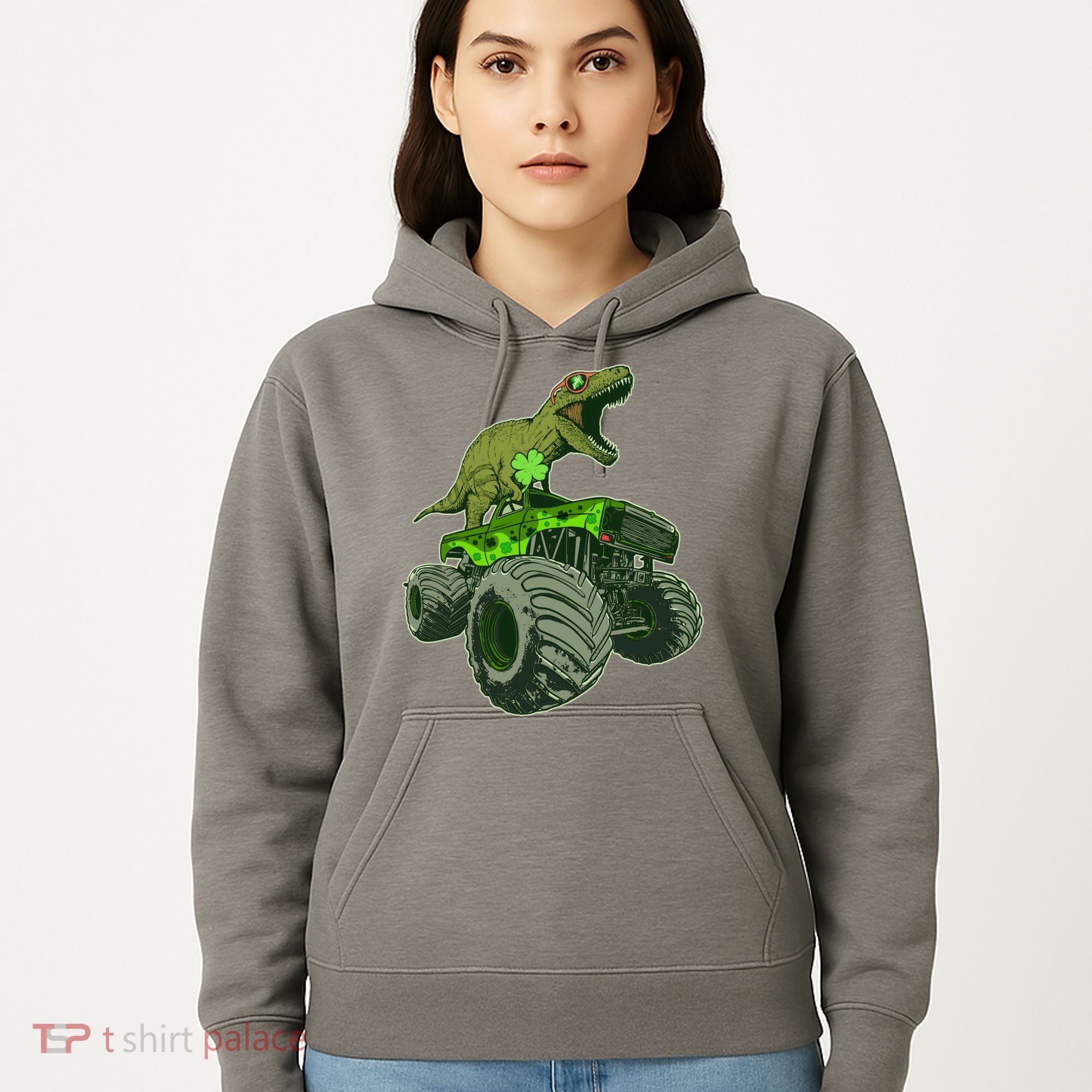 Funny St Patrick's Day Lucky Trex Dinosaur Riding Monster Truck Hoodie