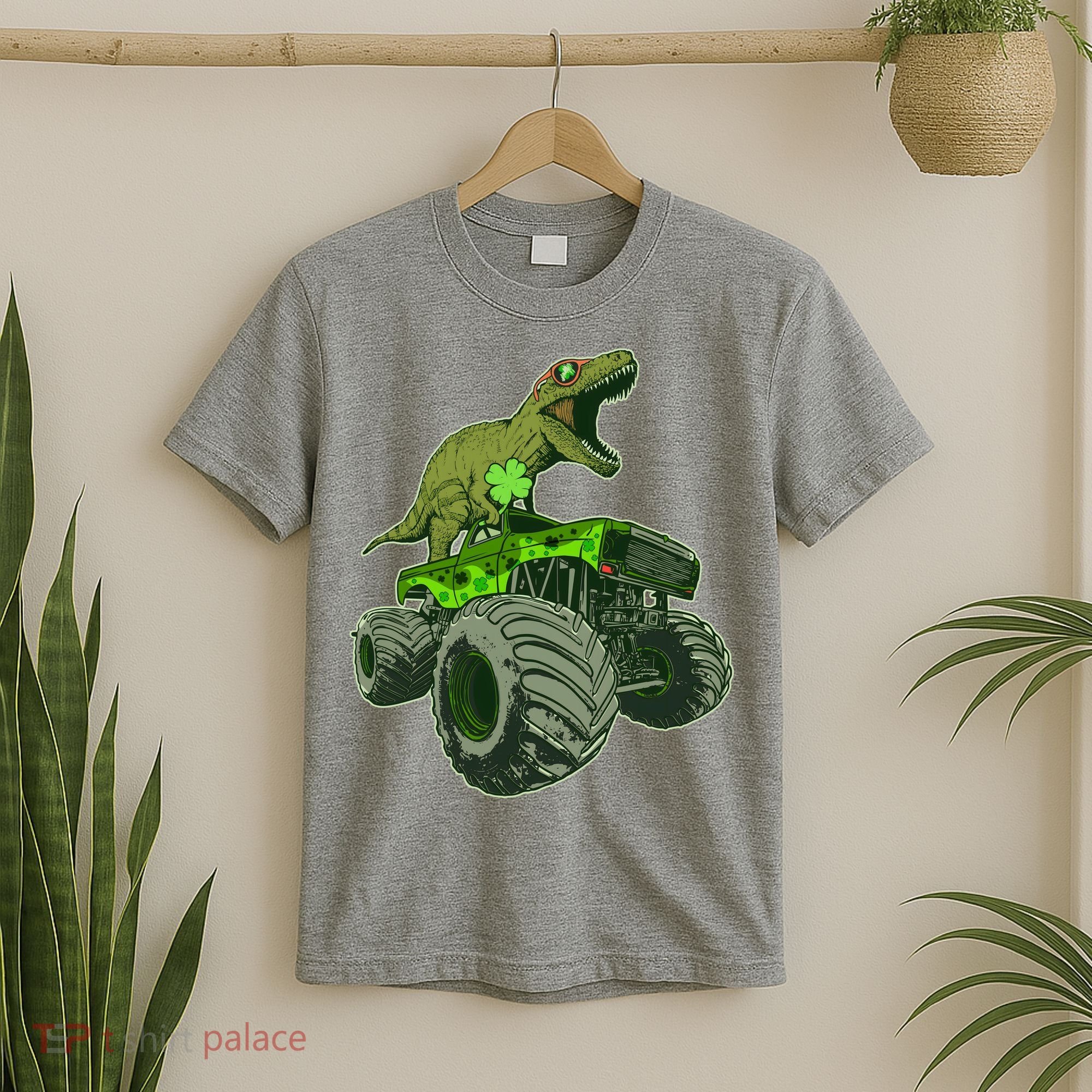 Funny St Patrick's Day Lucky Trex Dinosaur Riding Monster Truck T-Shirt