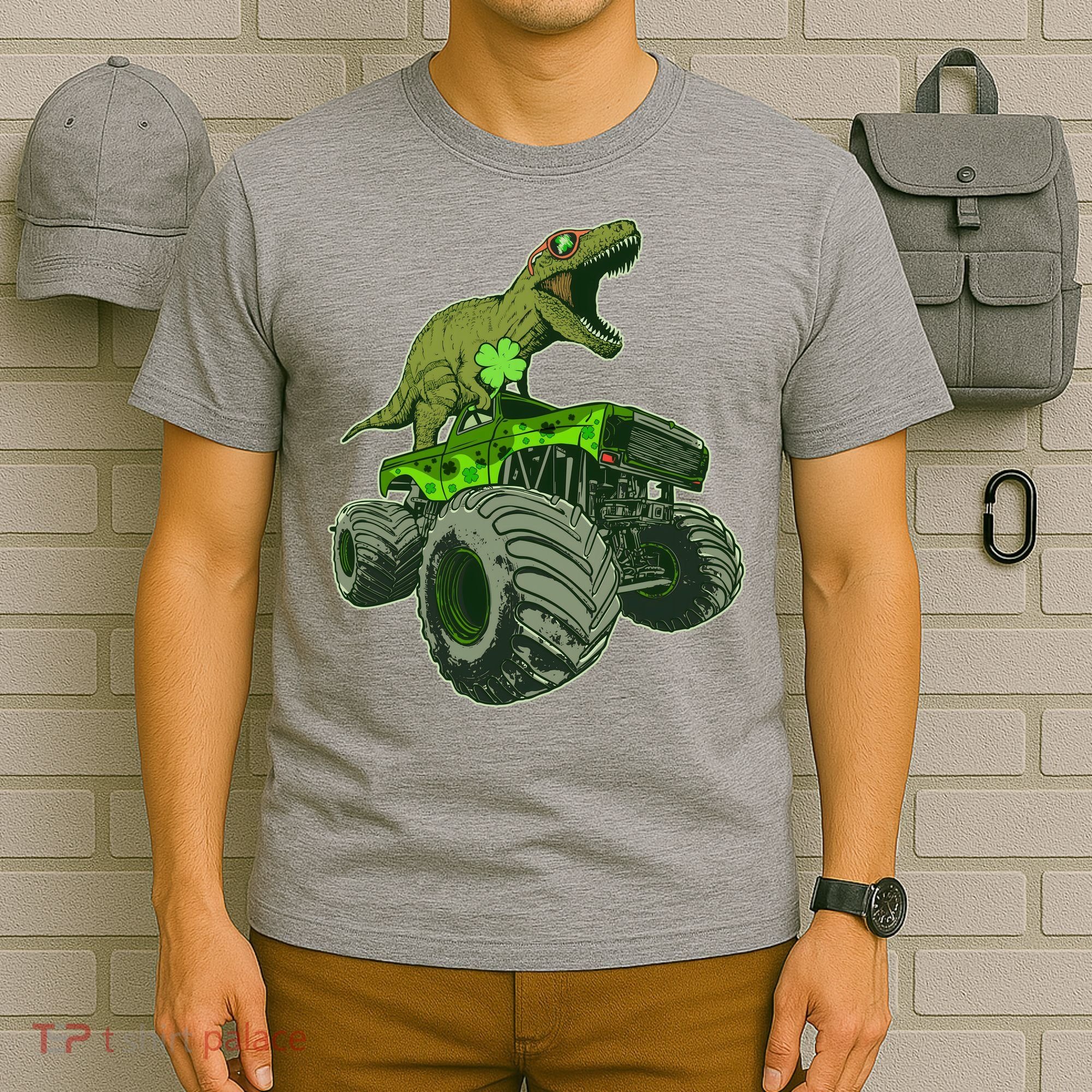 Funny St Patrick's Day Lucky Trex Dinosaur Riding Monster Truck T-Shirt