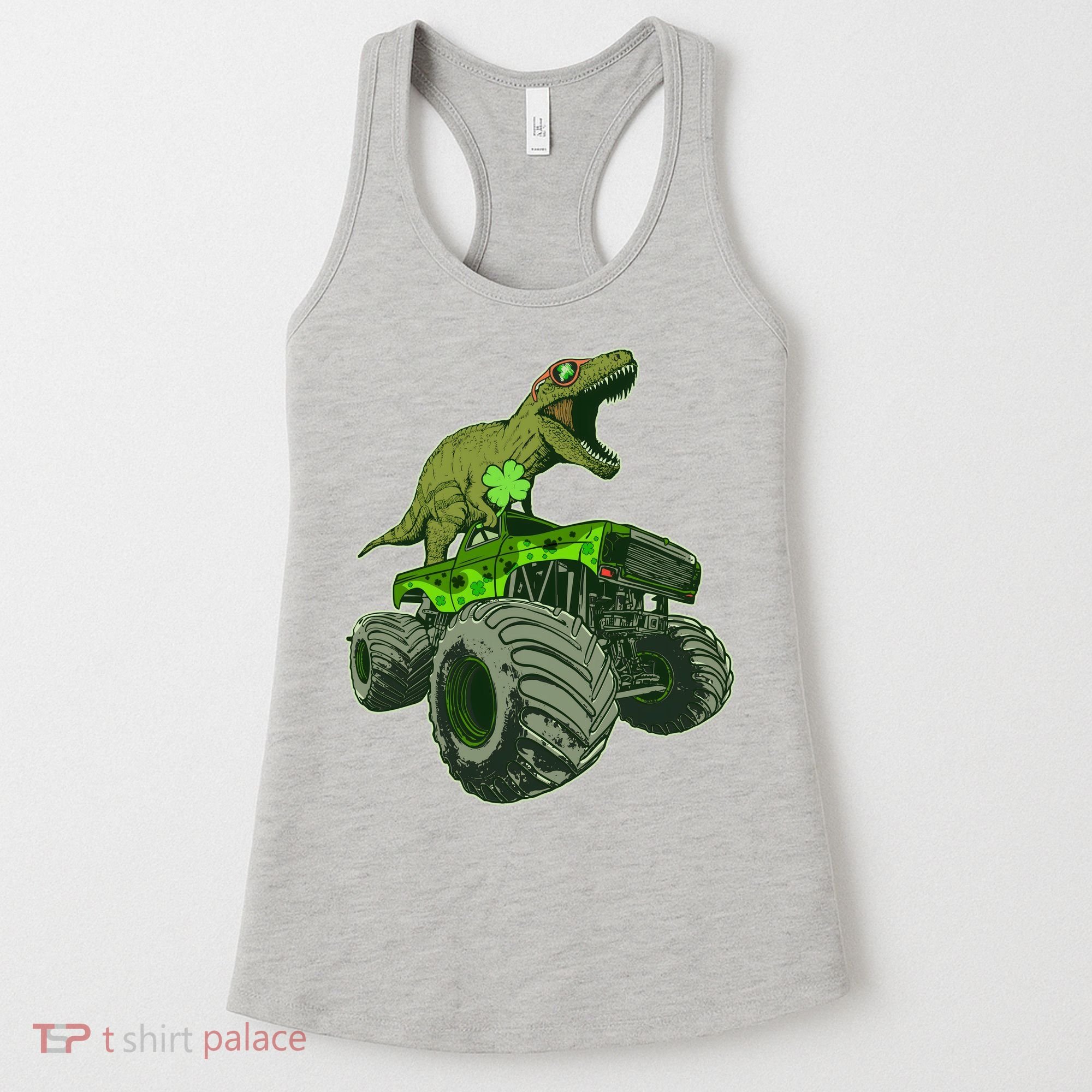 Funny St Patrick's Day Lucky Trex Dinosaur Riding Monster Truck Women's Tank Top