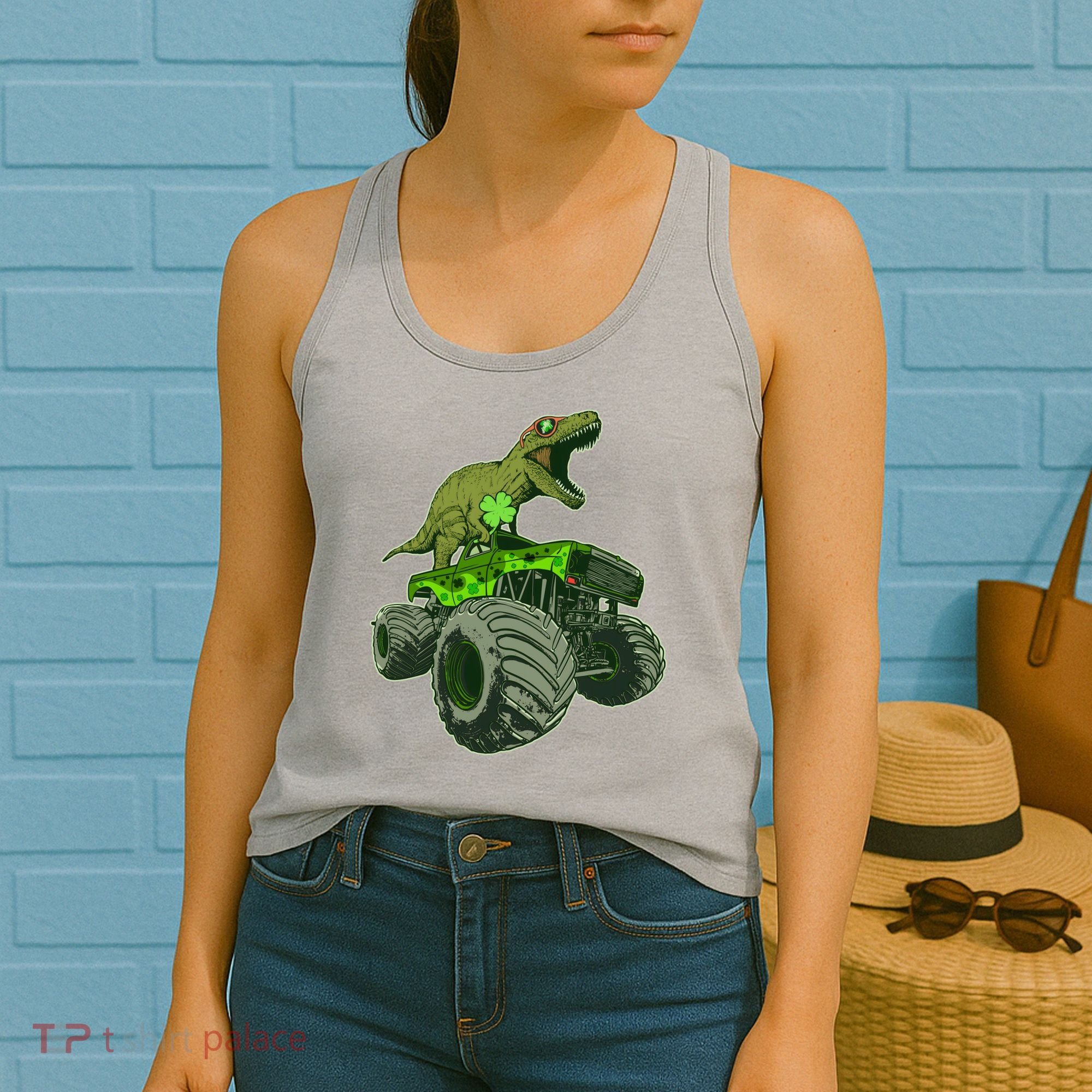Funny St Patrick's Day Lucky Trex Dinosaur Riding Monster Truck Women's Tank Top