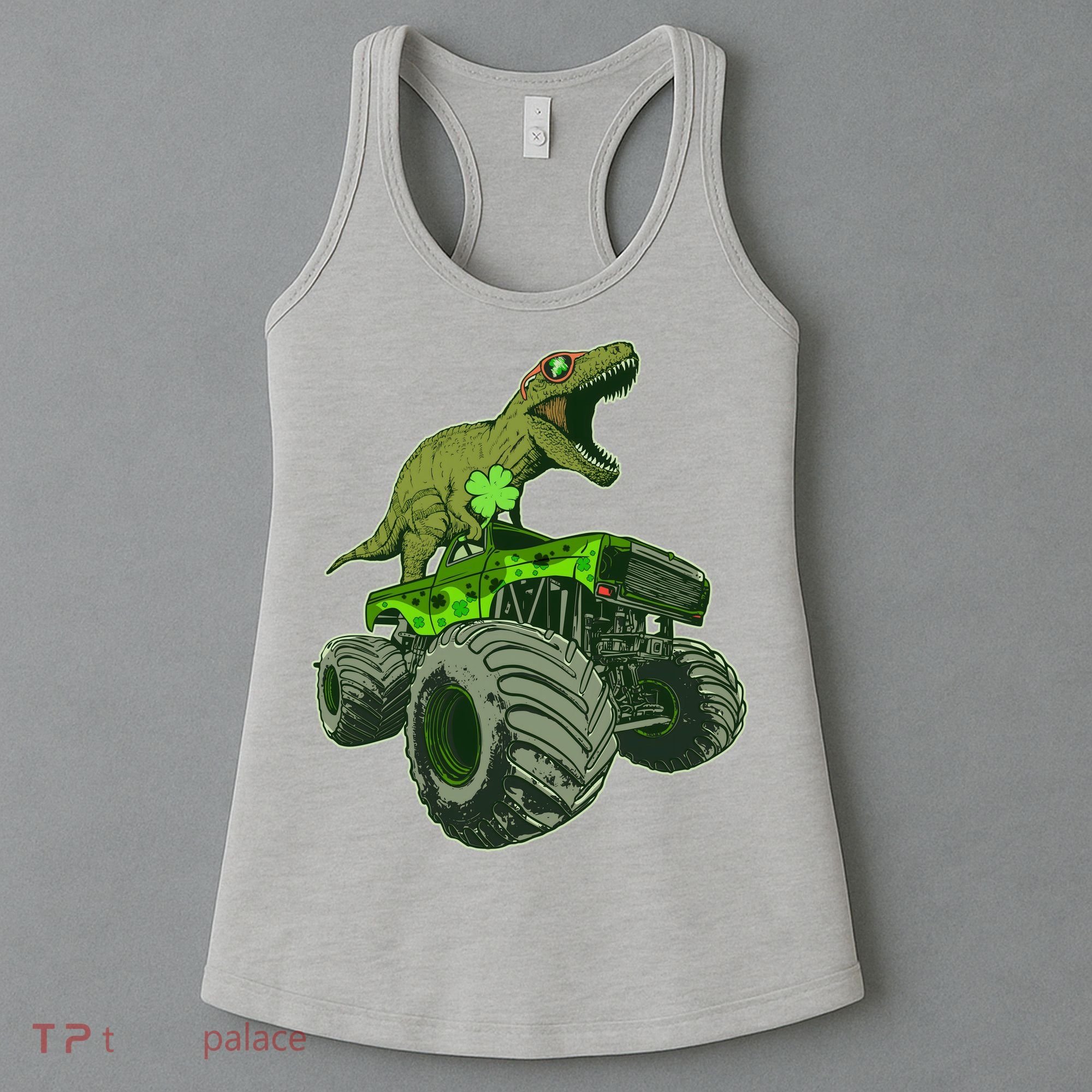 Funny St Patrick's Day Lucky Trex Dinosaur Riding Monster Truck Women's Tank Top