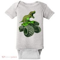 Funny St Patrick's Day Lucky Trex Dinosaur Riding Monster Truck Baby Bodysuit thumb 0