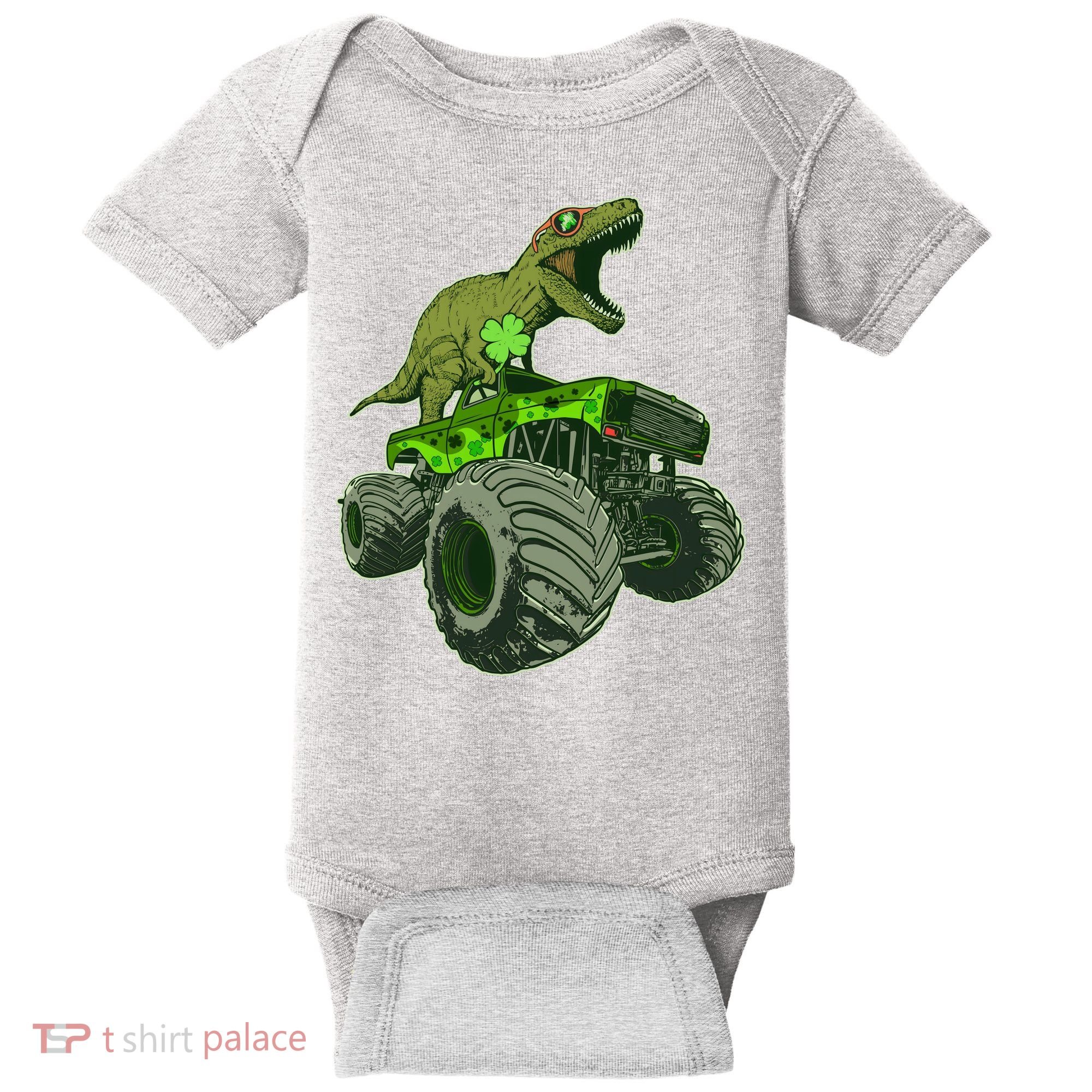 Funny St Patrick's Day Lucky Trex Dinosaur Riding Monster Truck Baby Bodysuit