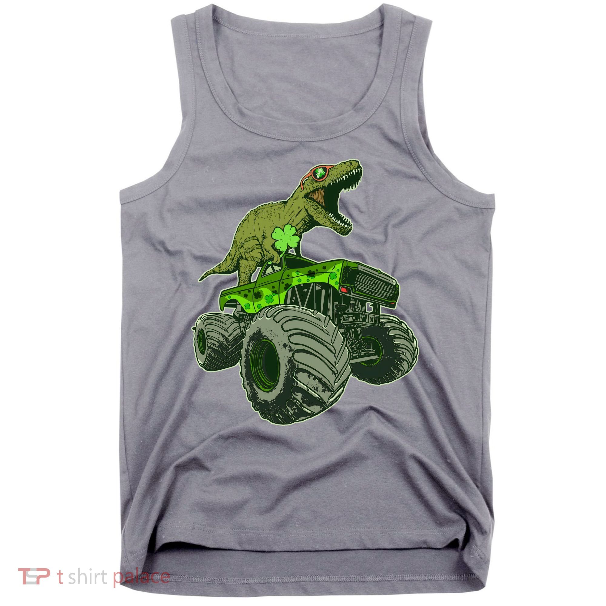 Funny St Patrick's Day Lucky Trex Dinosaur Riding Monster Truck Tank Top