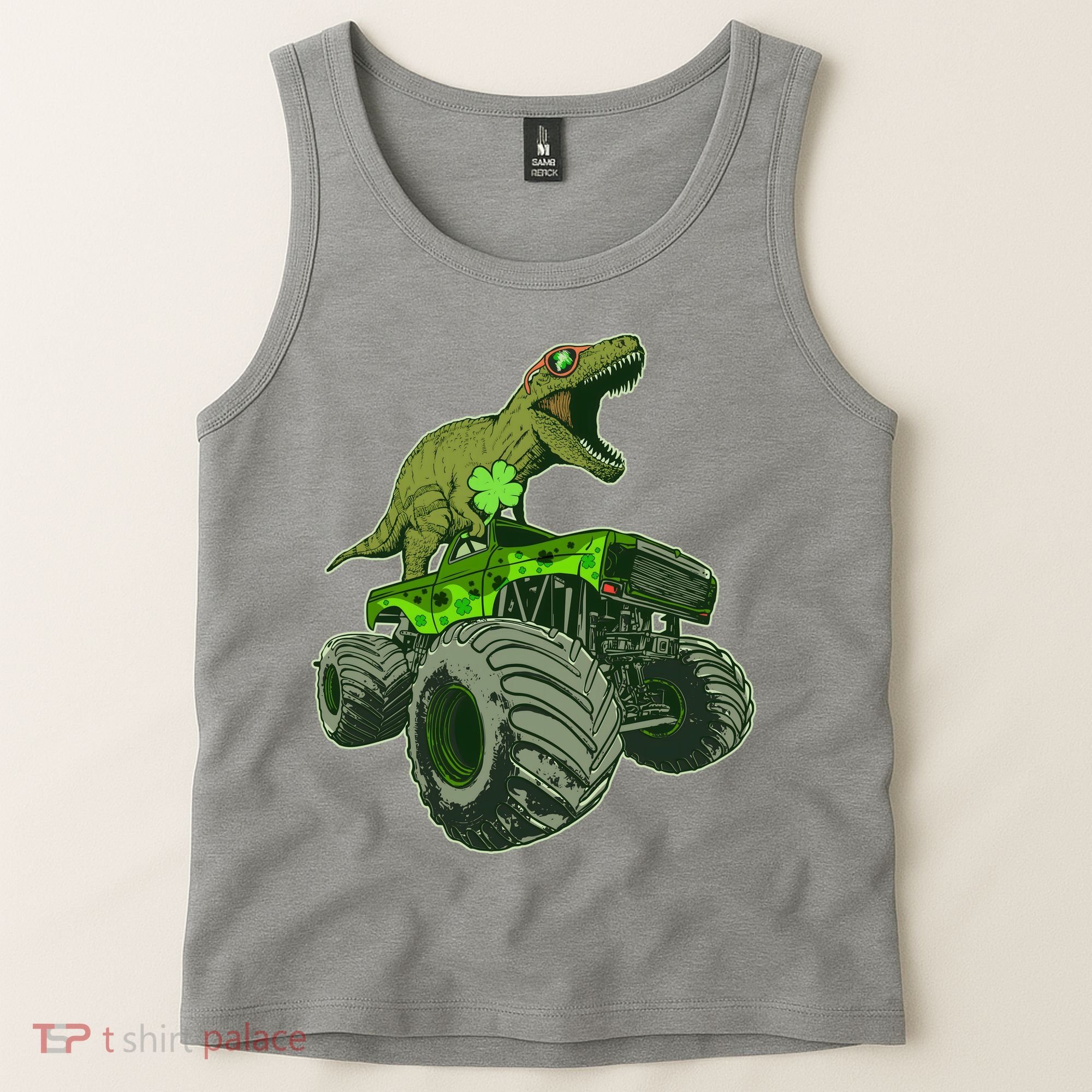 Funny St Patrick's Day Lucky Trex Dinosaur Riding Monster Truck Tank Top