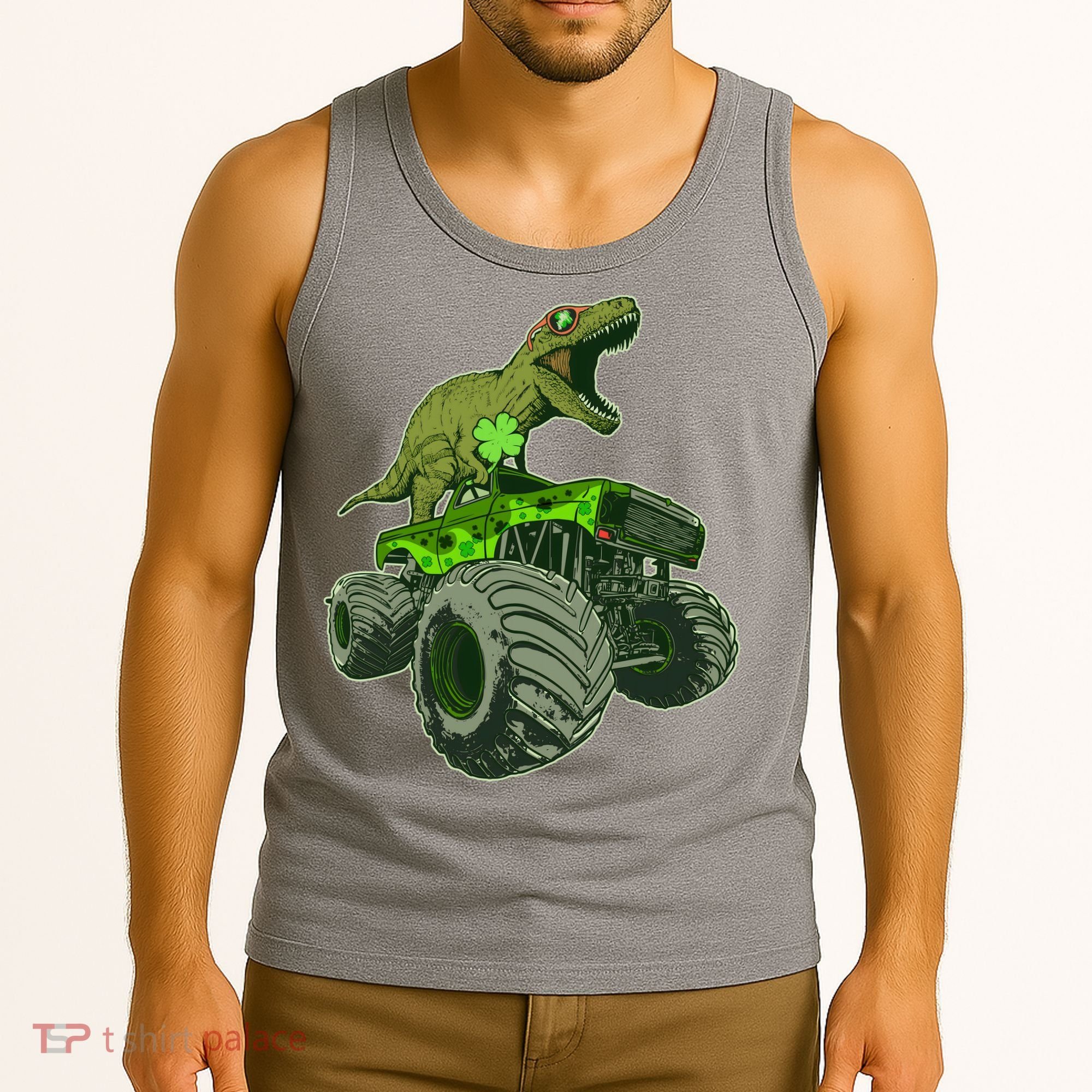 Funny St Patrick's Day Lucky Trex Dinosaur Riding Monster Truck Tank Top