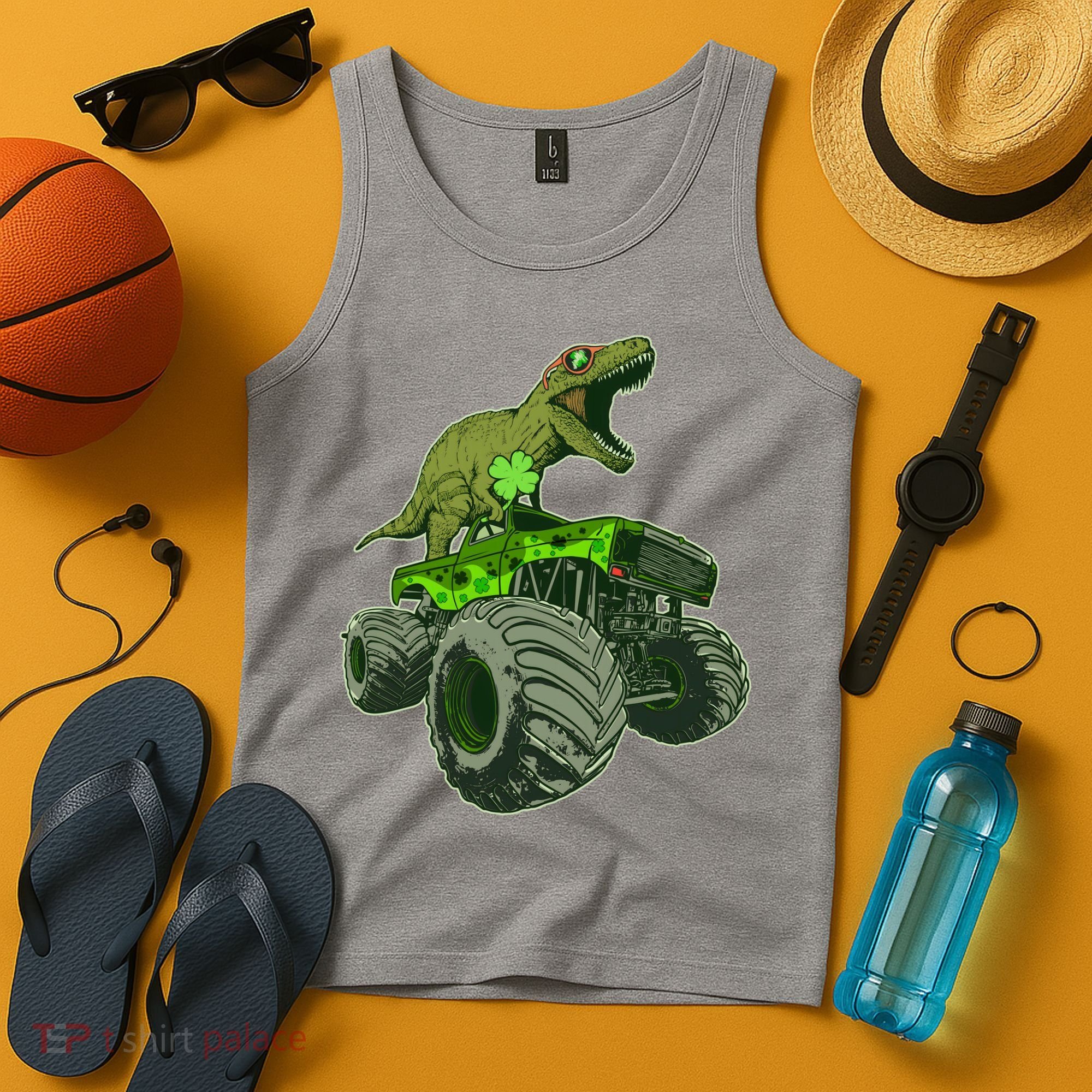 Funny St Patrick's Day Lucky Trex Dinosaur Riding Monster Truck Tank Top