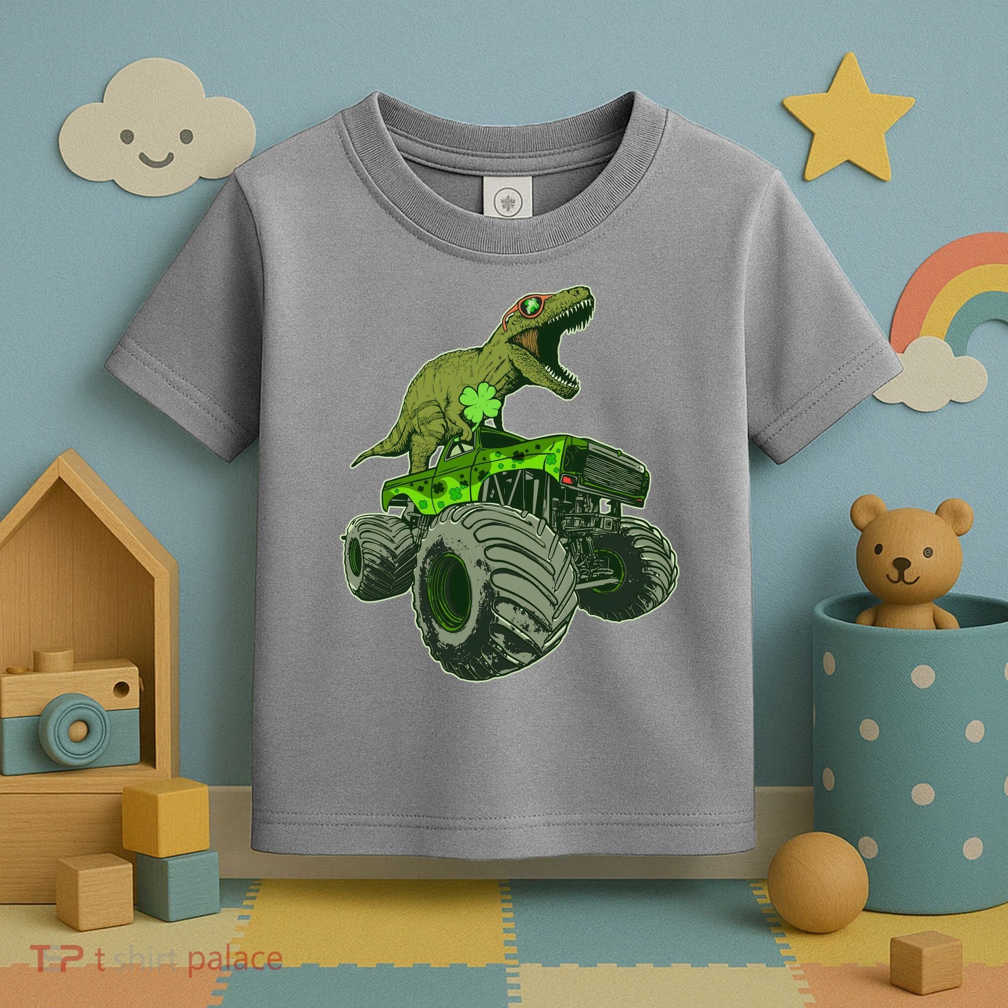 Funny St Patrick's Day Lucky Trex Dinosaur Riding Monster Truck Toddler T-Shirt