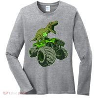 Funny St Patrick's Day Lucky Trex Dinosaur Riding Monster Truck Women's Long Sleeve Shirt thumb 0