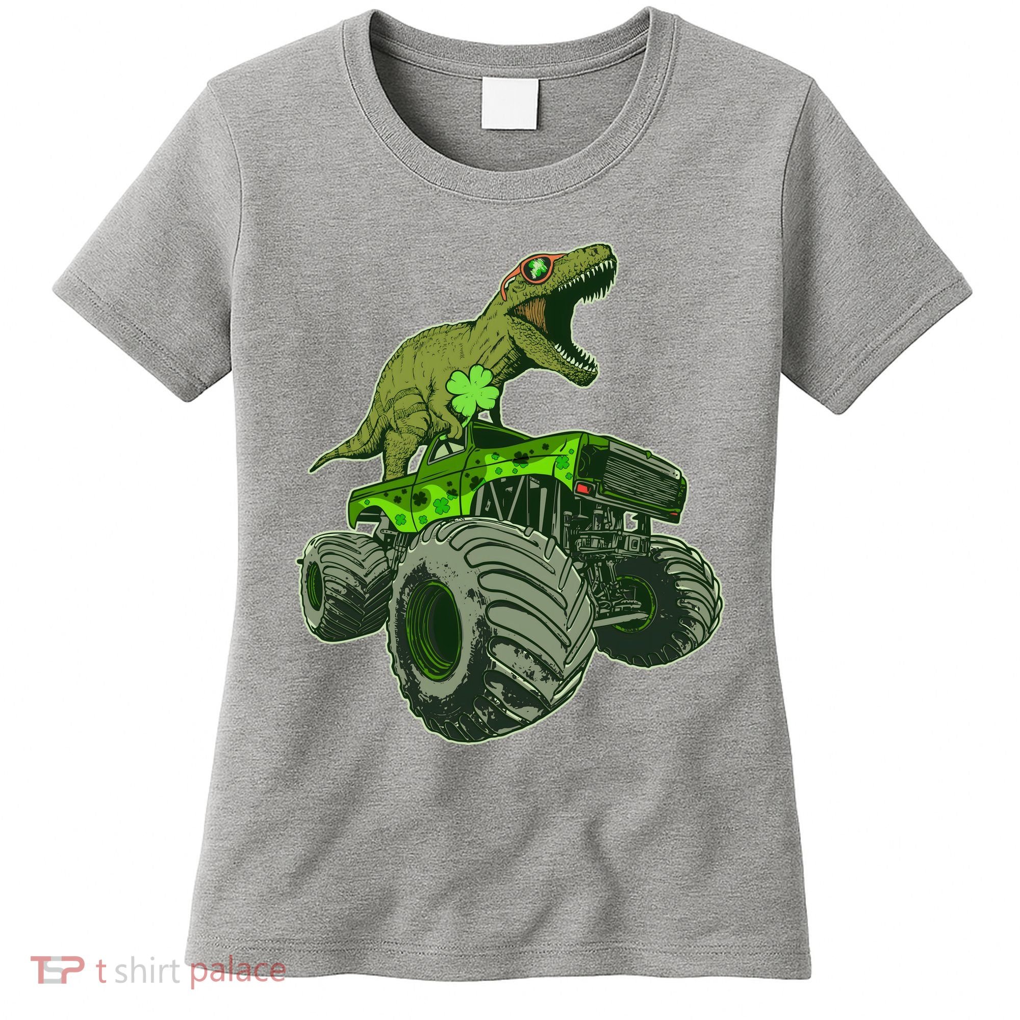 Funny St Patrick's Day Lucky Trex Dinosaur Riding Monster Truck Women's T-Shirt