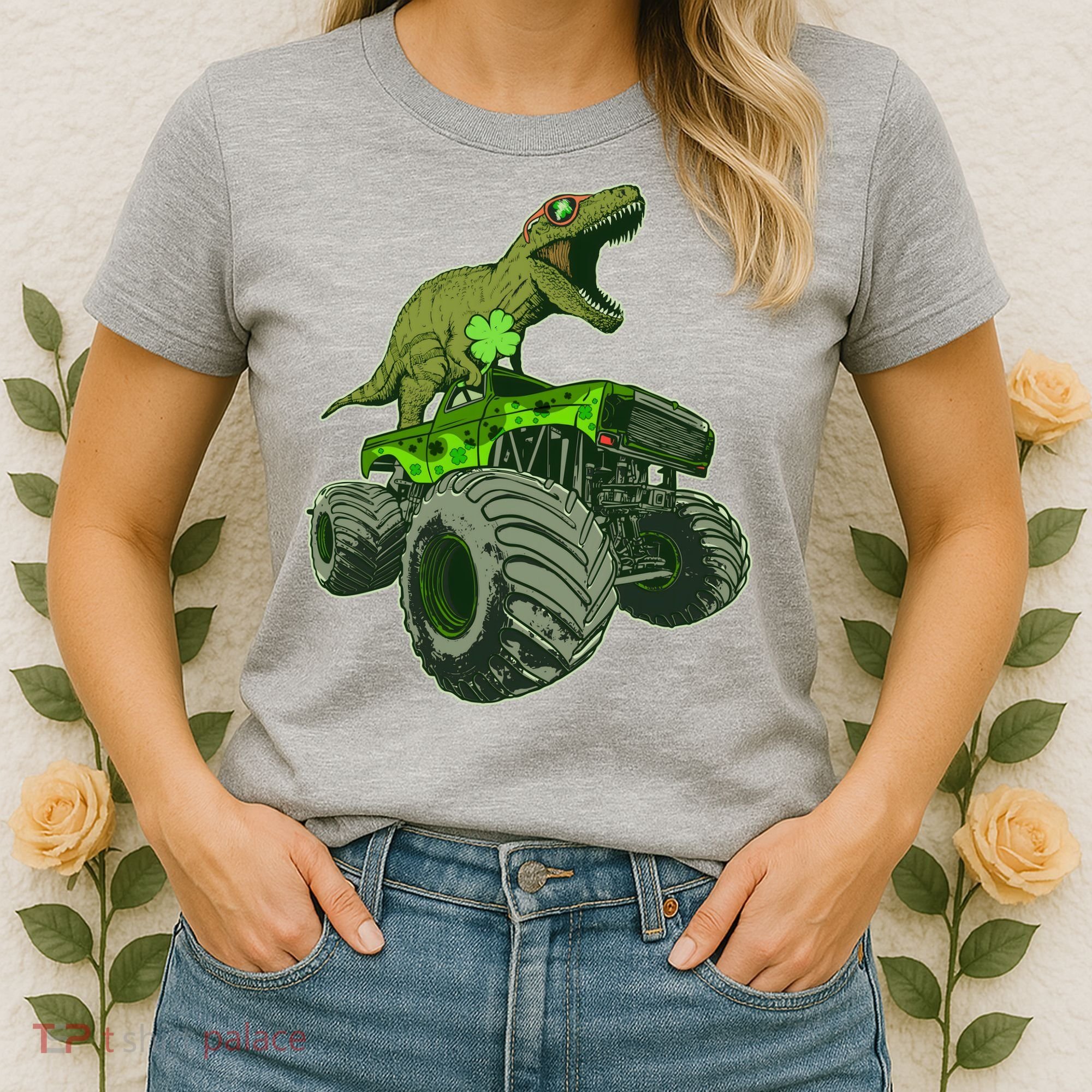 Funny St Patrick's Day Lucky Trex Dinosaur Riding Monster Truck Women's T-Shirt