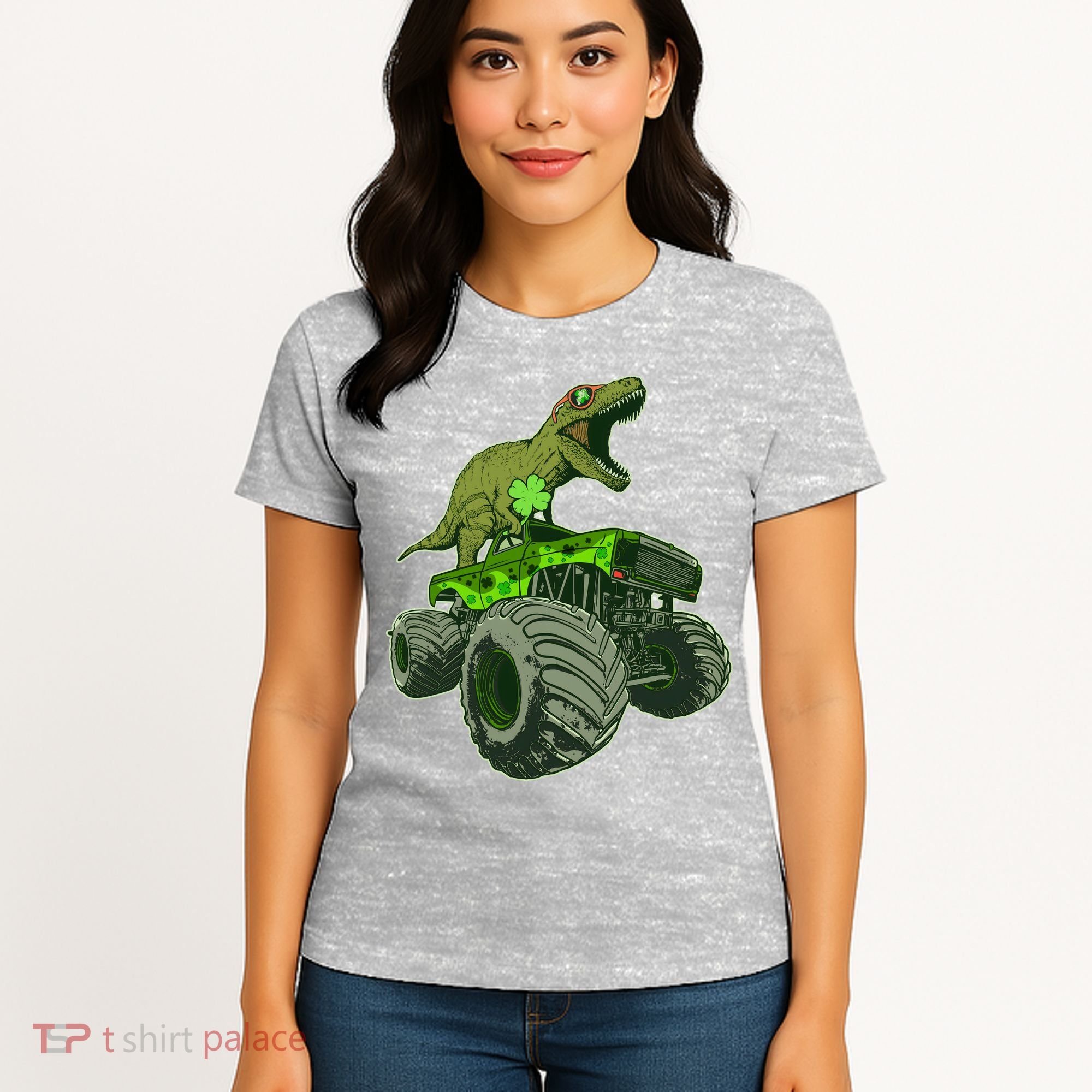 Funny St Patrick's Day Lucky Trex Dinosaur Riding Monster Truck Women's T-Shirt